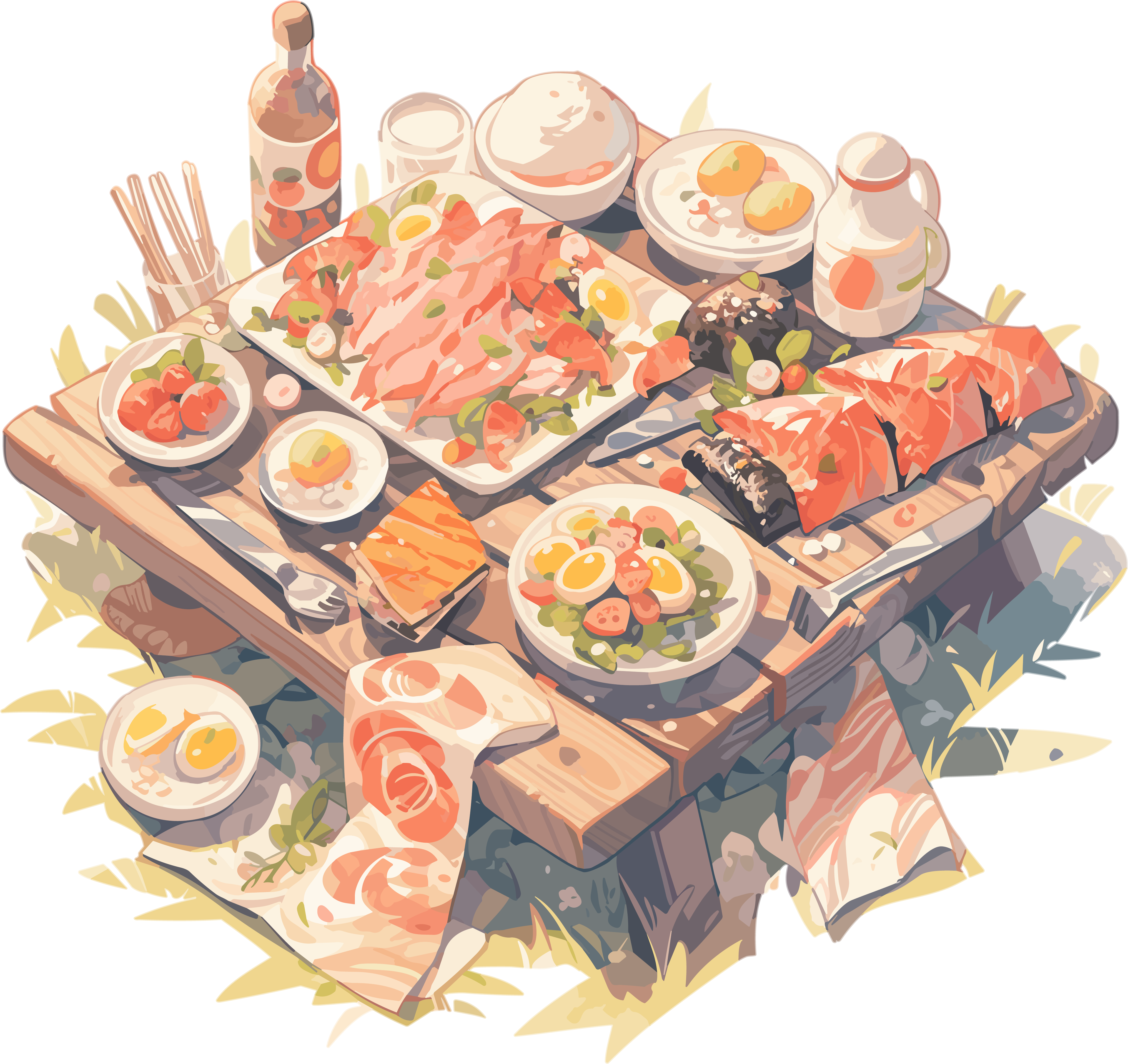Fresh and cute picnic blanket paired with food illustrations