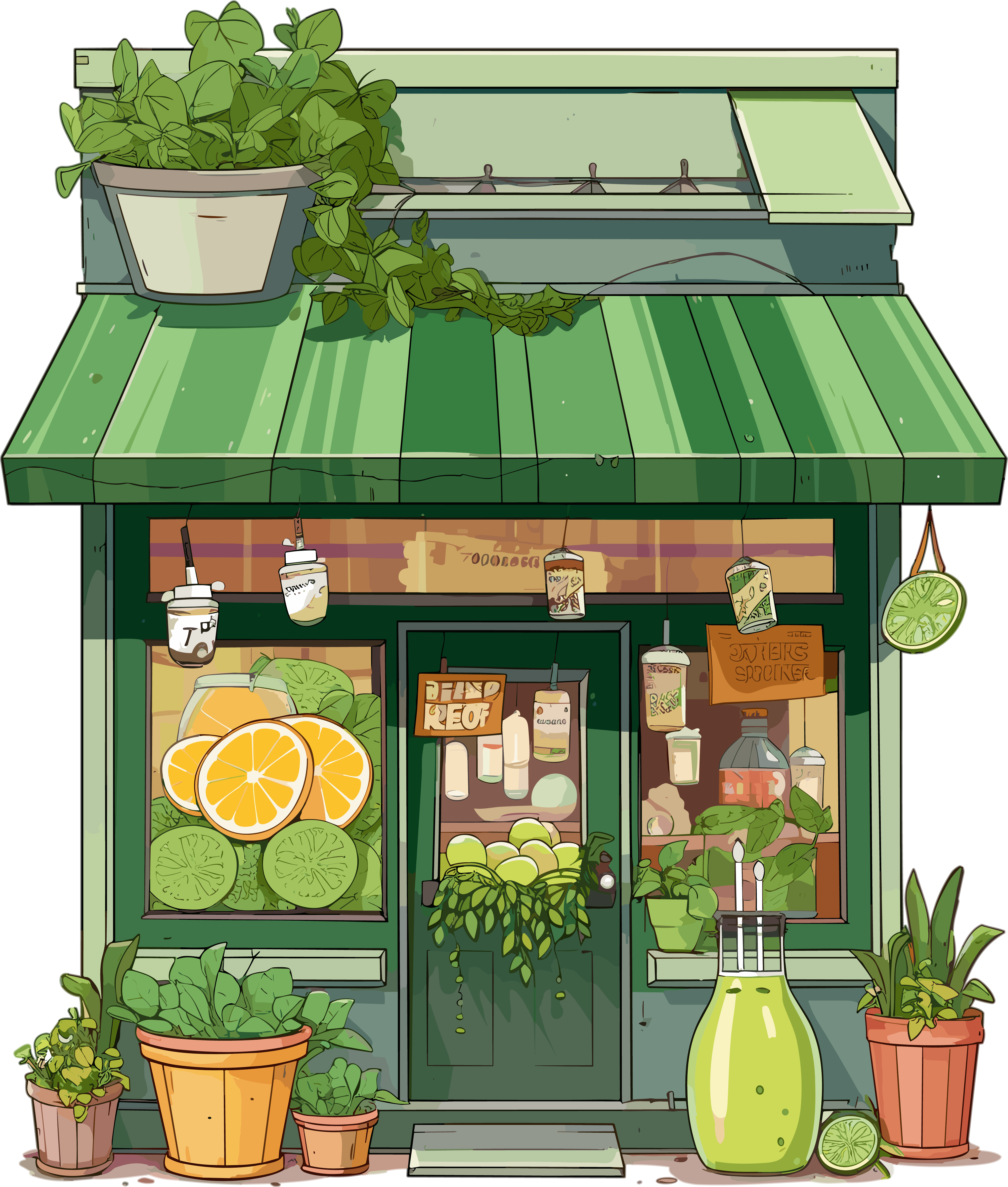 Colorful cartoon style smoothie shop window commercial material