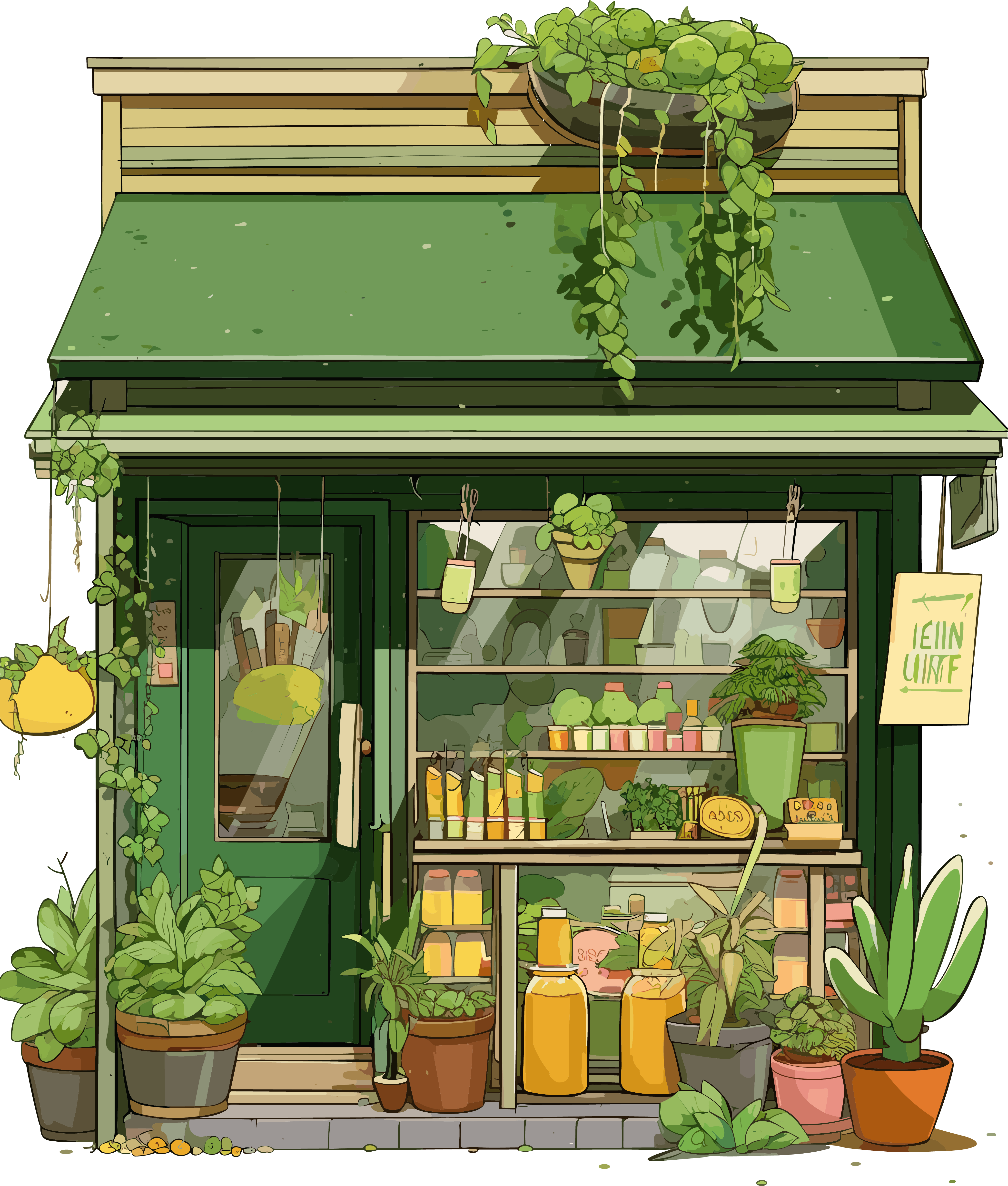 Village-style smoothie shop window illustration
