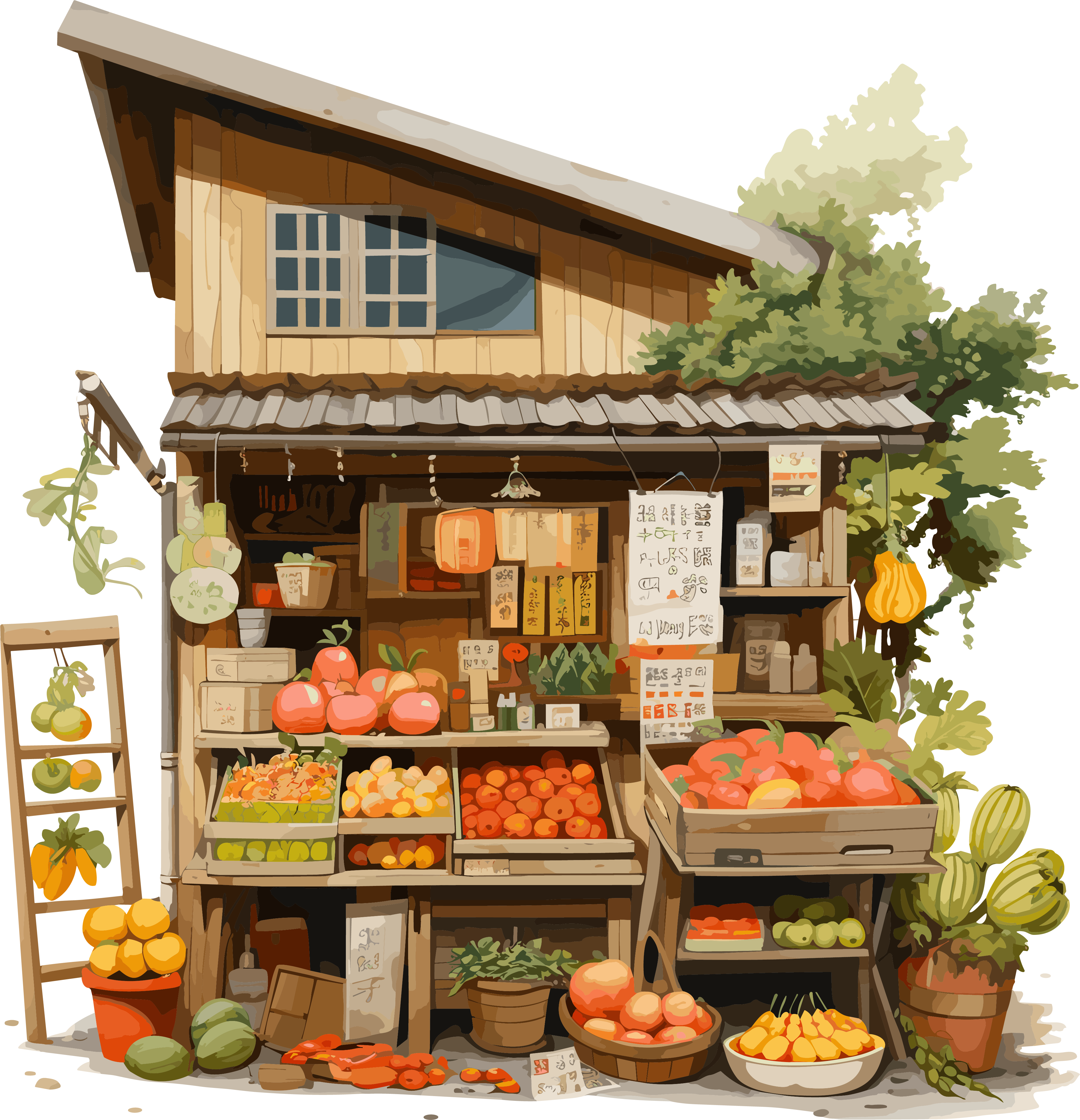 Classical architectural style autumn fruit shop illustration