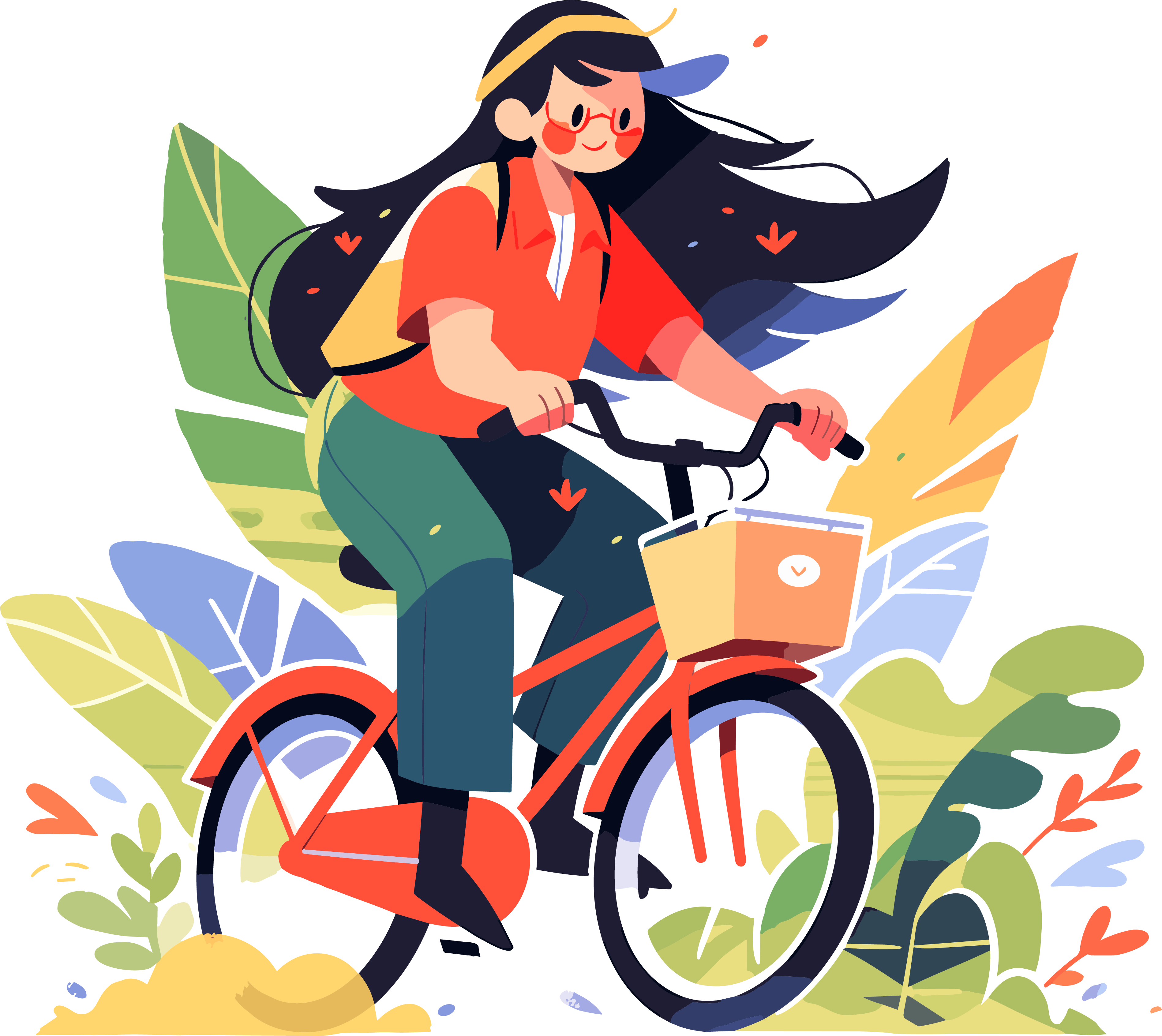 Graphic illustration of a creatively designed girl riding a bicycle