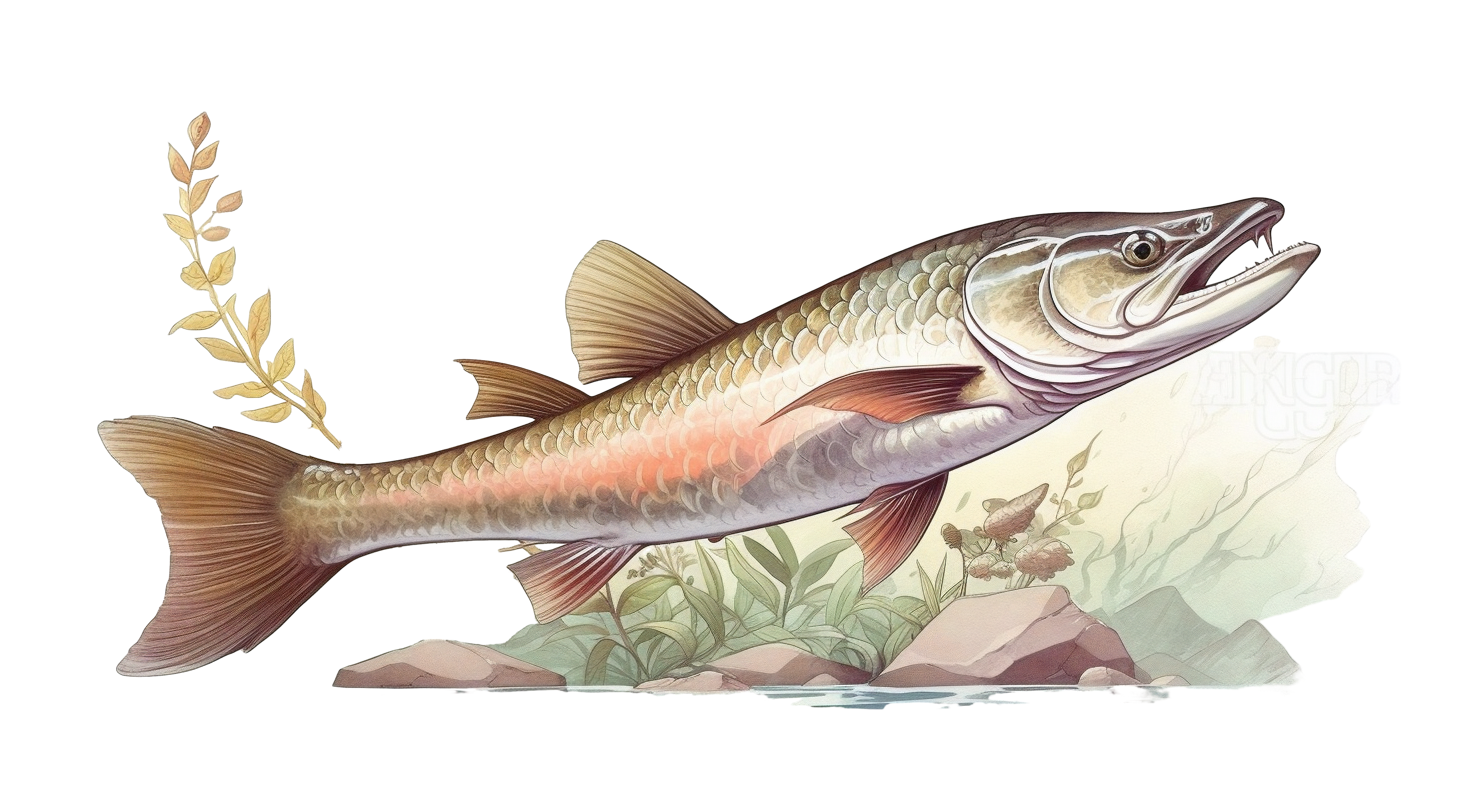 A fish swimming through grass and reeds on a white background illustration