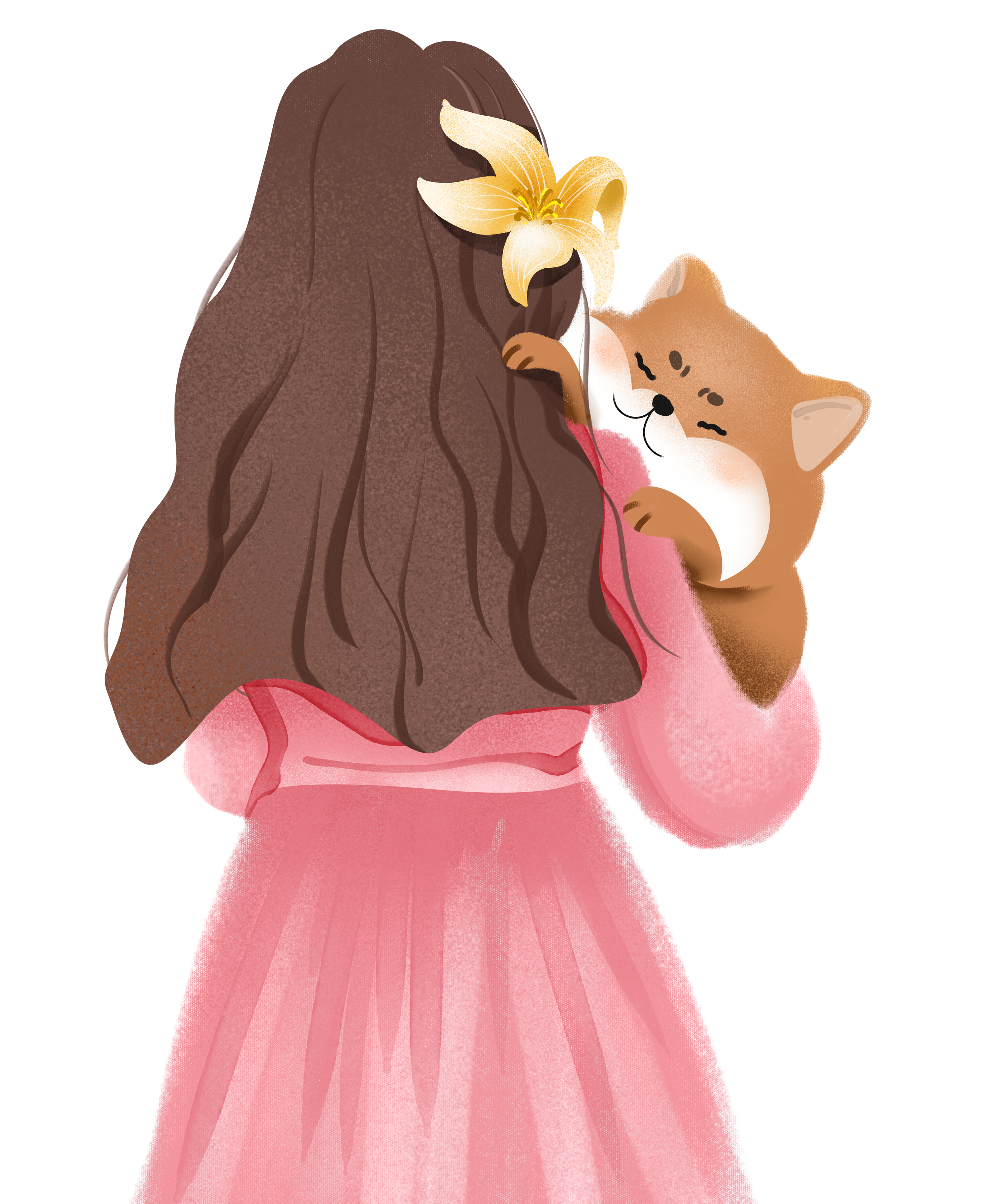 A cute dog lying on a girl's shoulder, commercial material for Singles' Day