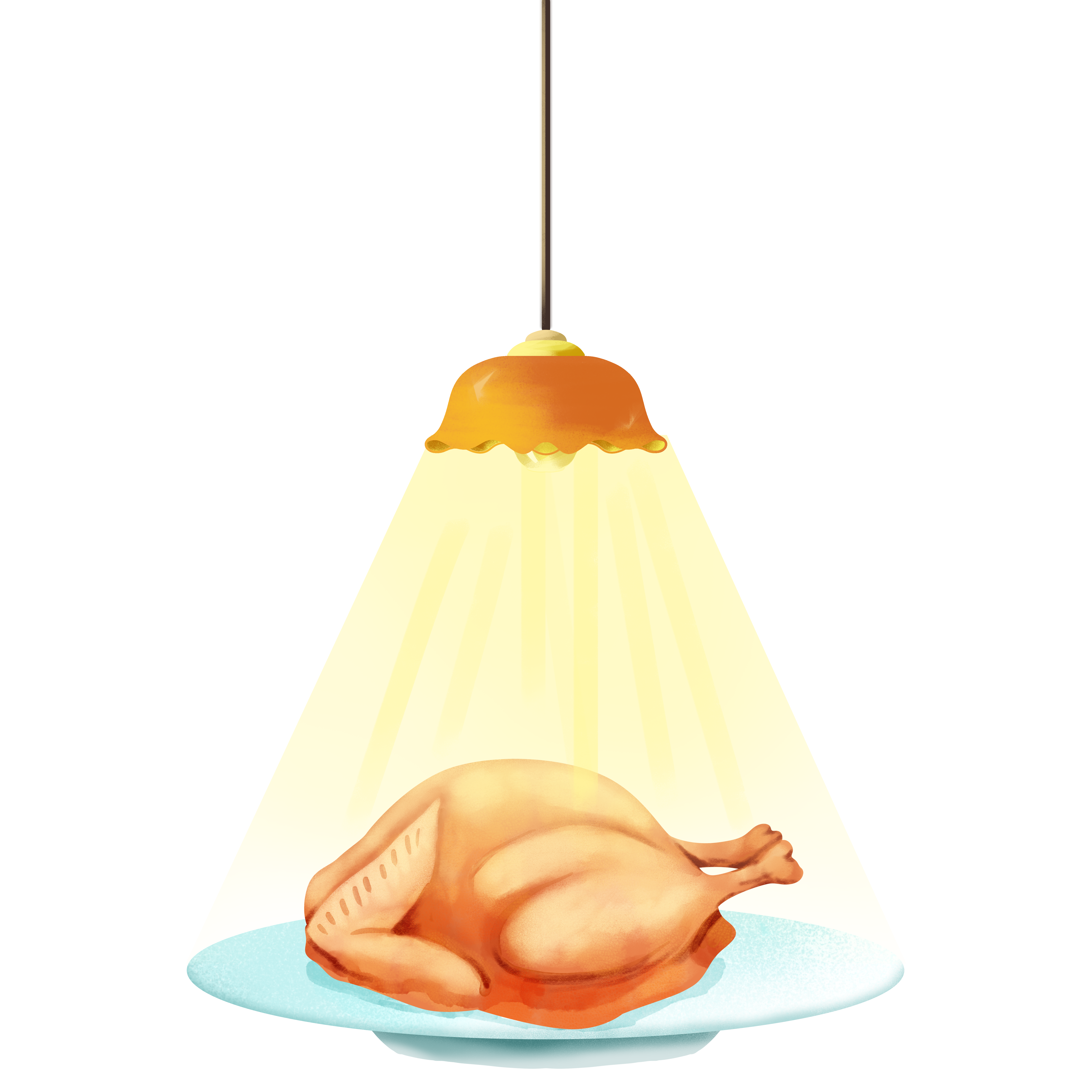 Hand-drawn illustration of a delicious roasted turkey under Thanksgiving lights
