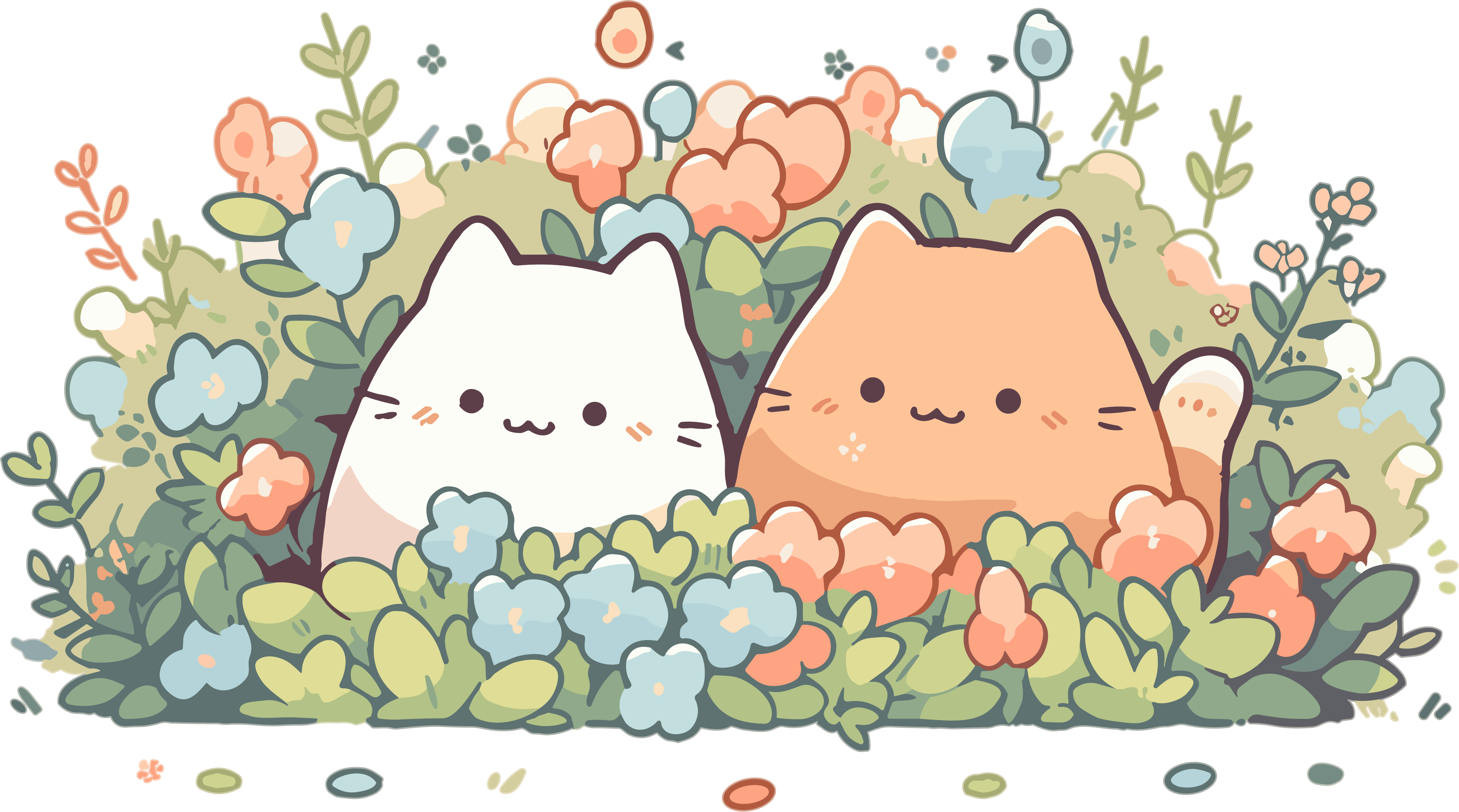 Two cute cats in a minimalist doodle illustration in the garden