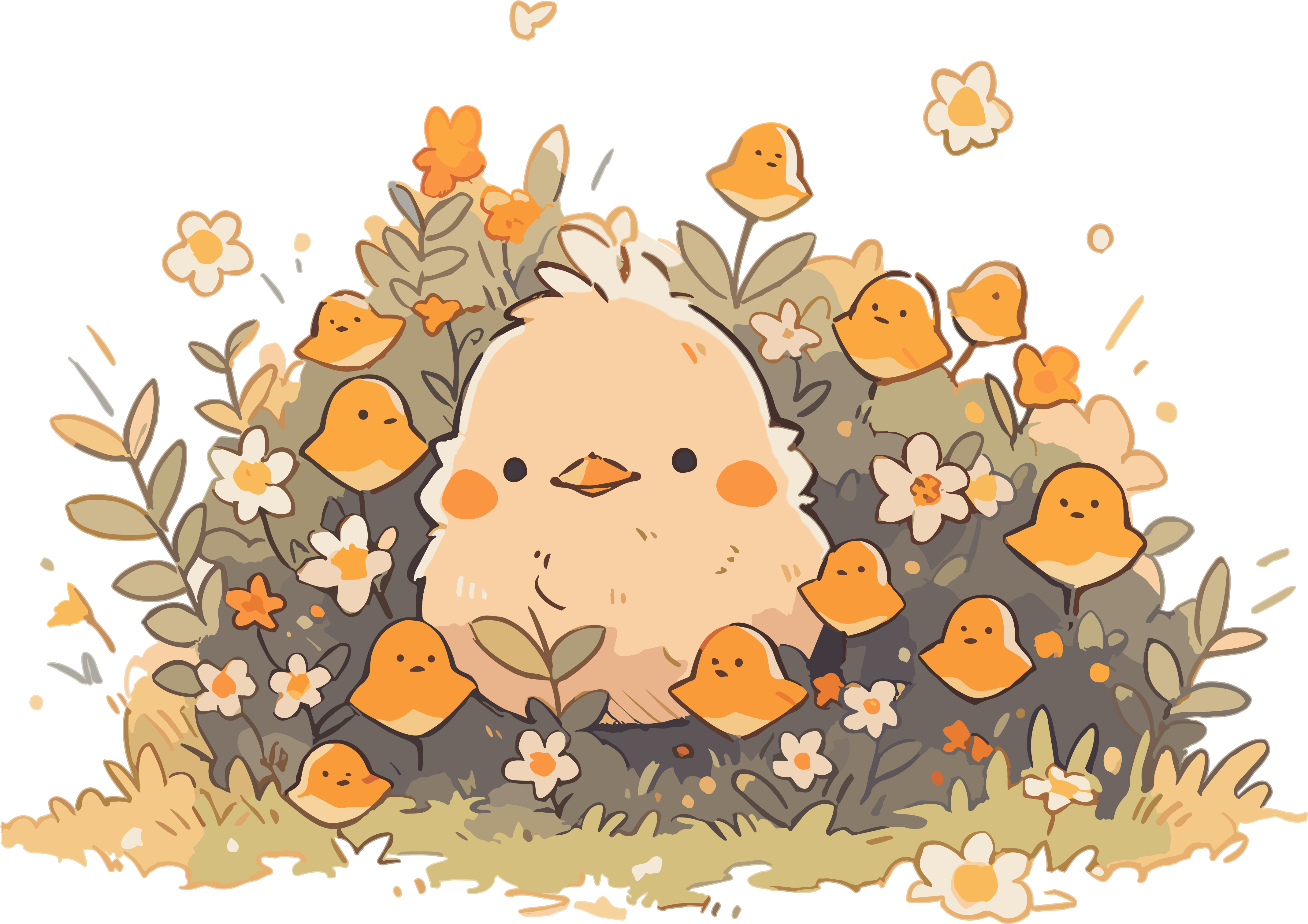 Cute little chick line art illustration in a Nordic style flower field