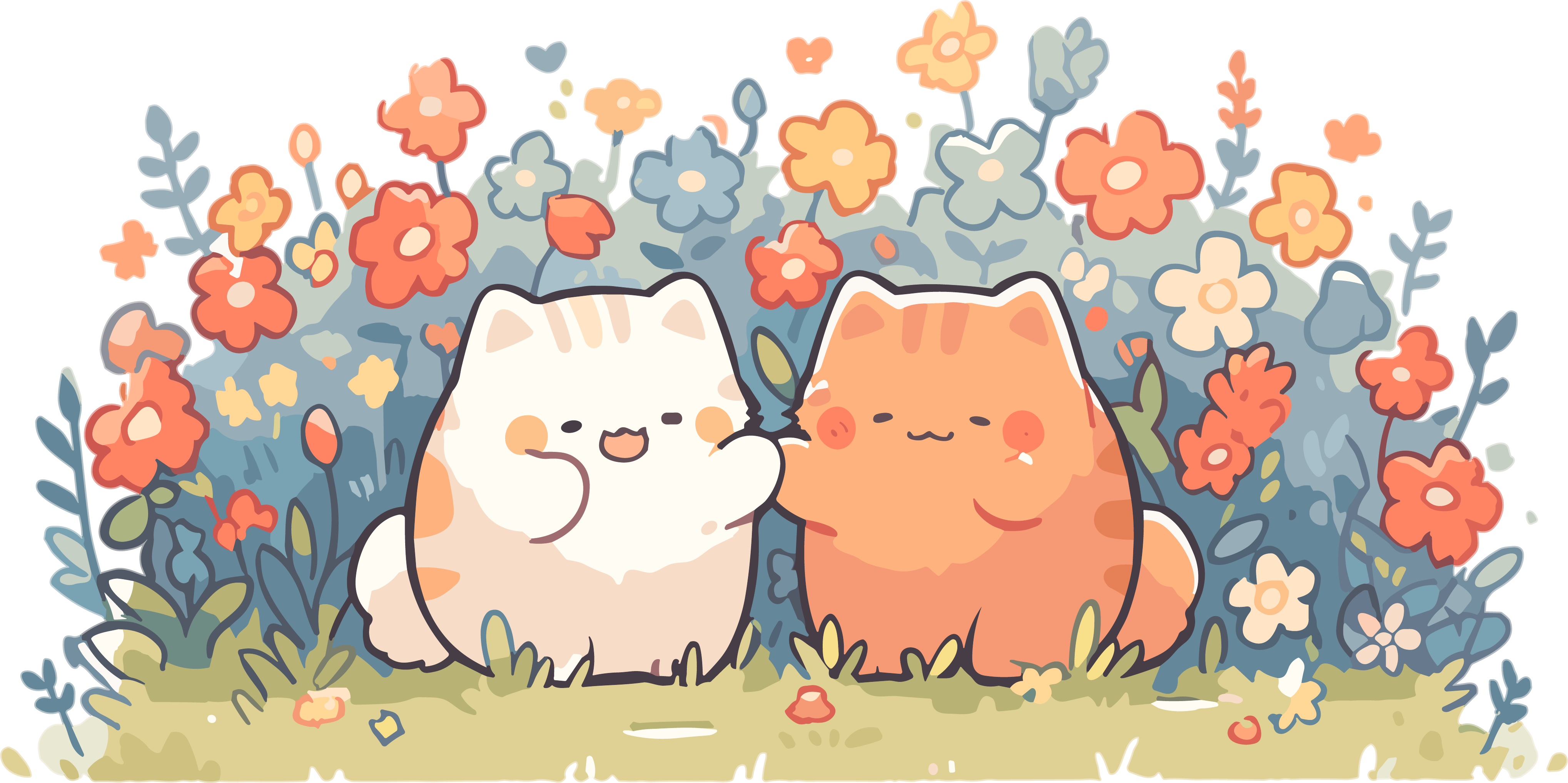 Illustration of two cute cats in a minimalist line-drawn flower field