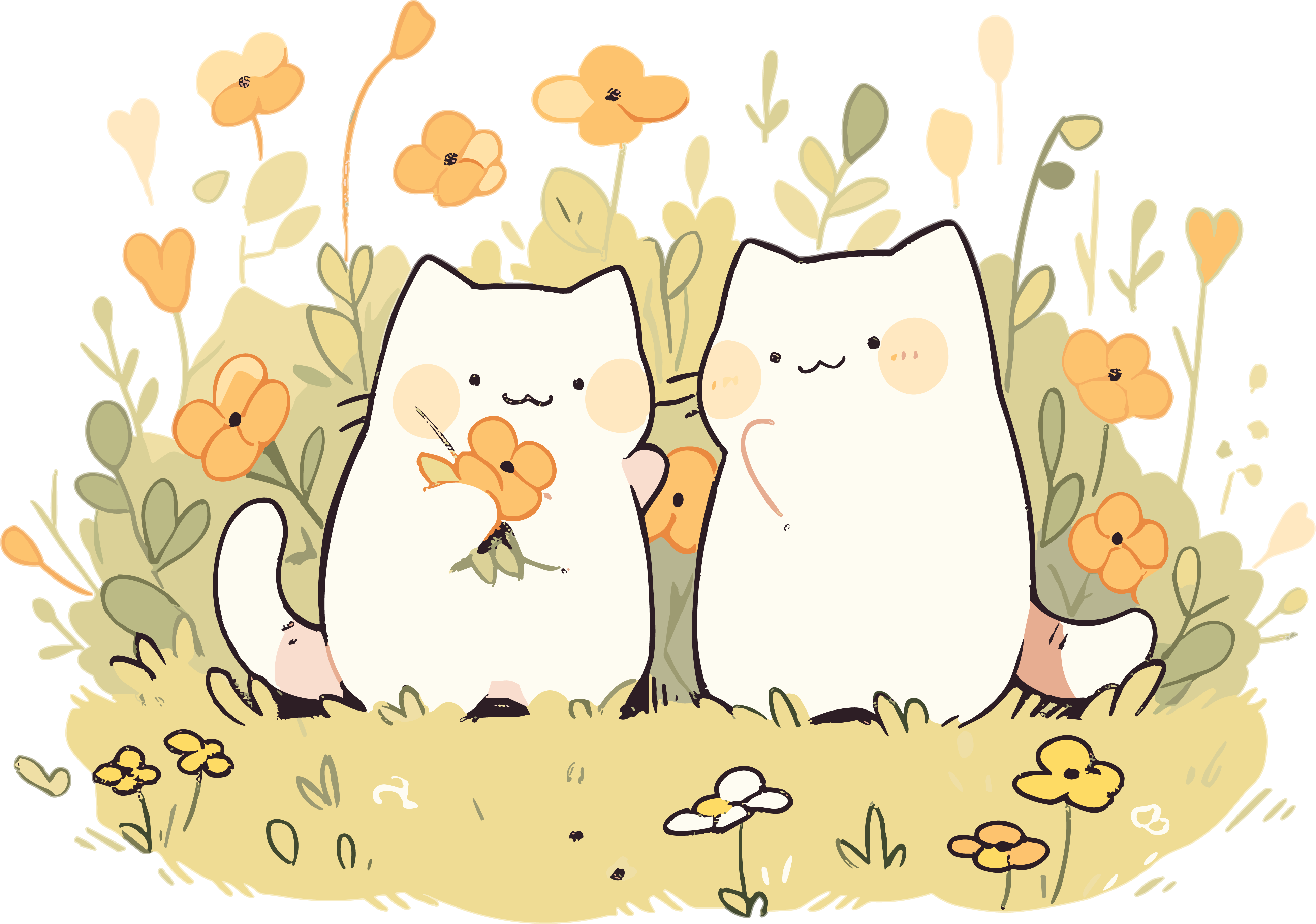 A minimalist illustration of two cute cats in a fresh garden.