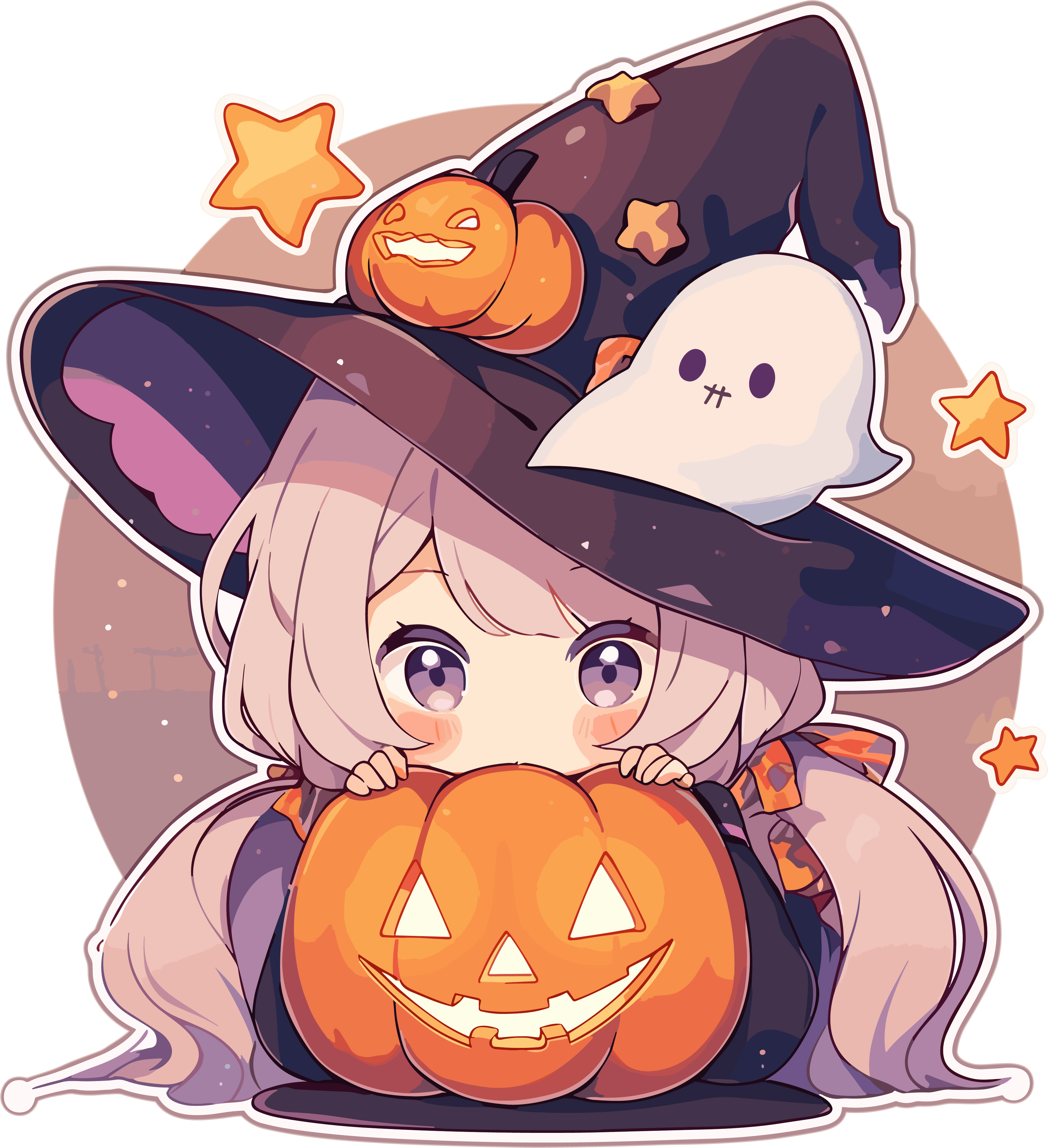 Cute Halloween sticker material of a witch lying on a pumpkin