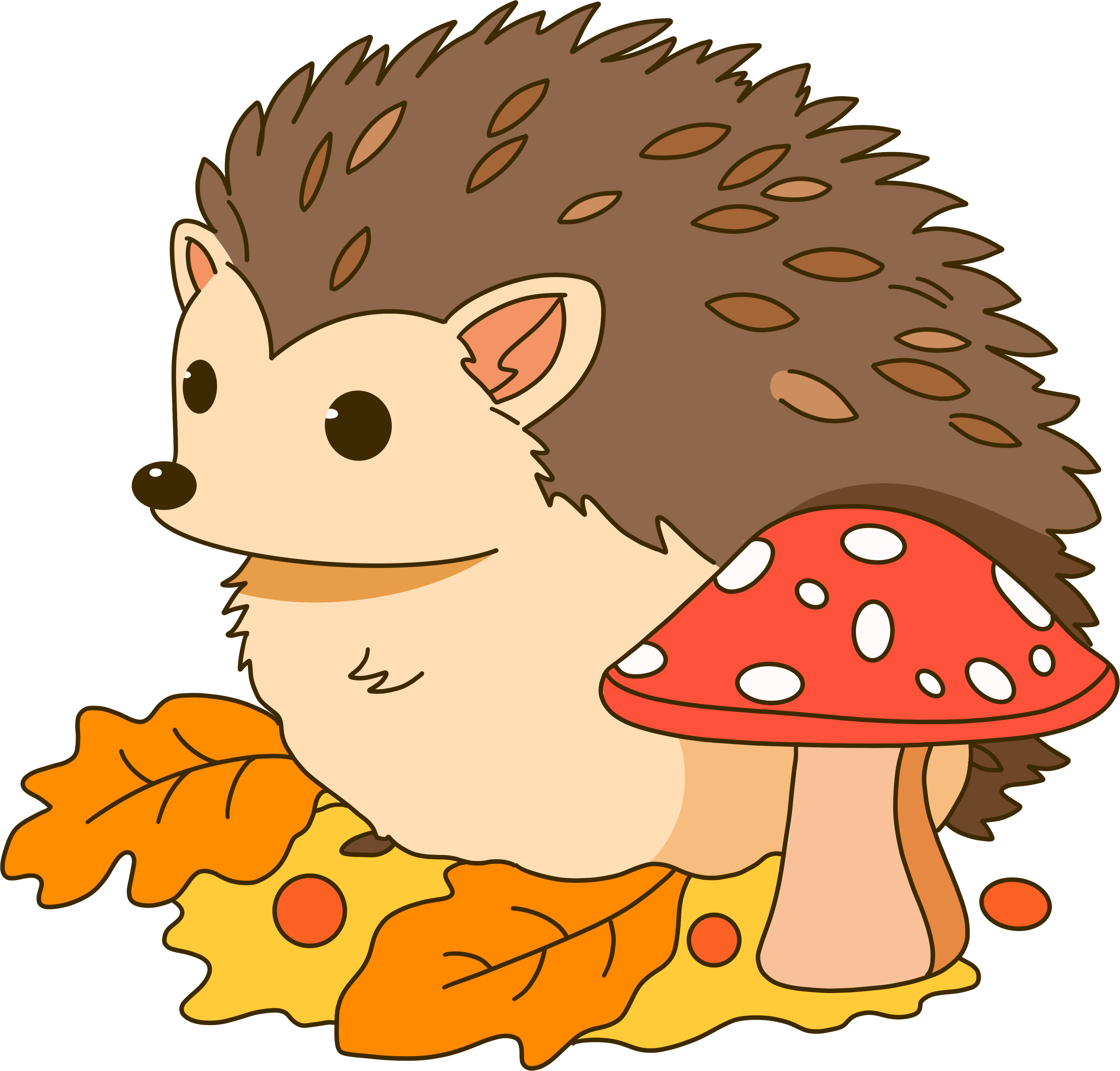 Hand-drawn hedgehog and mushroom illustration on fallen leaves
