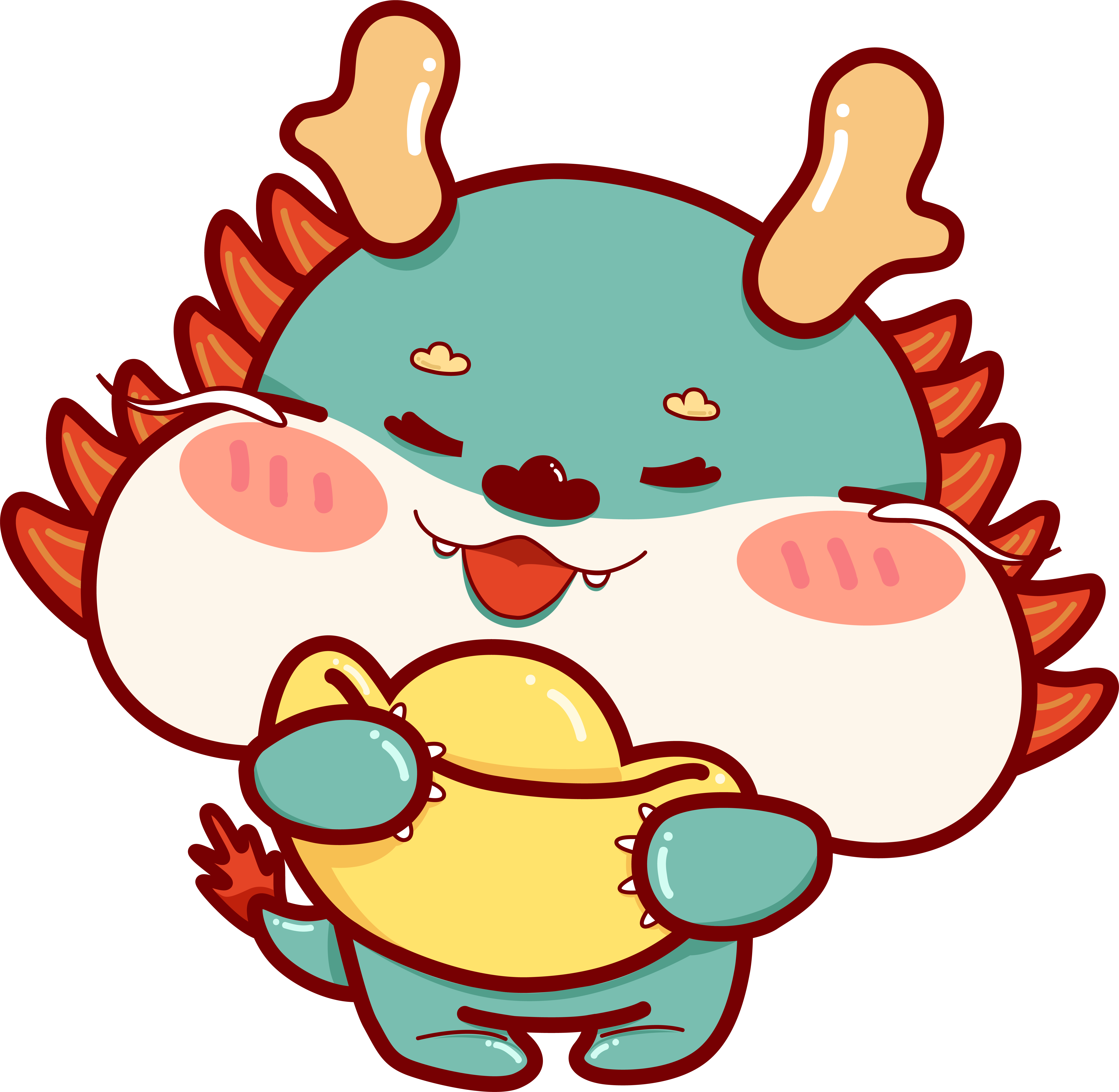 Cute illustration of a Chinese dragon holding a gold ingot with a transparent background