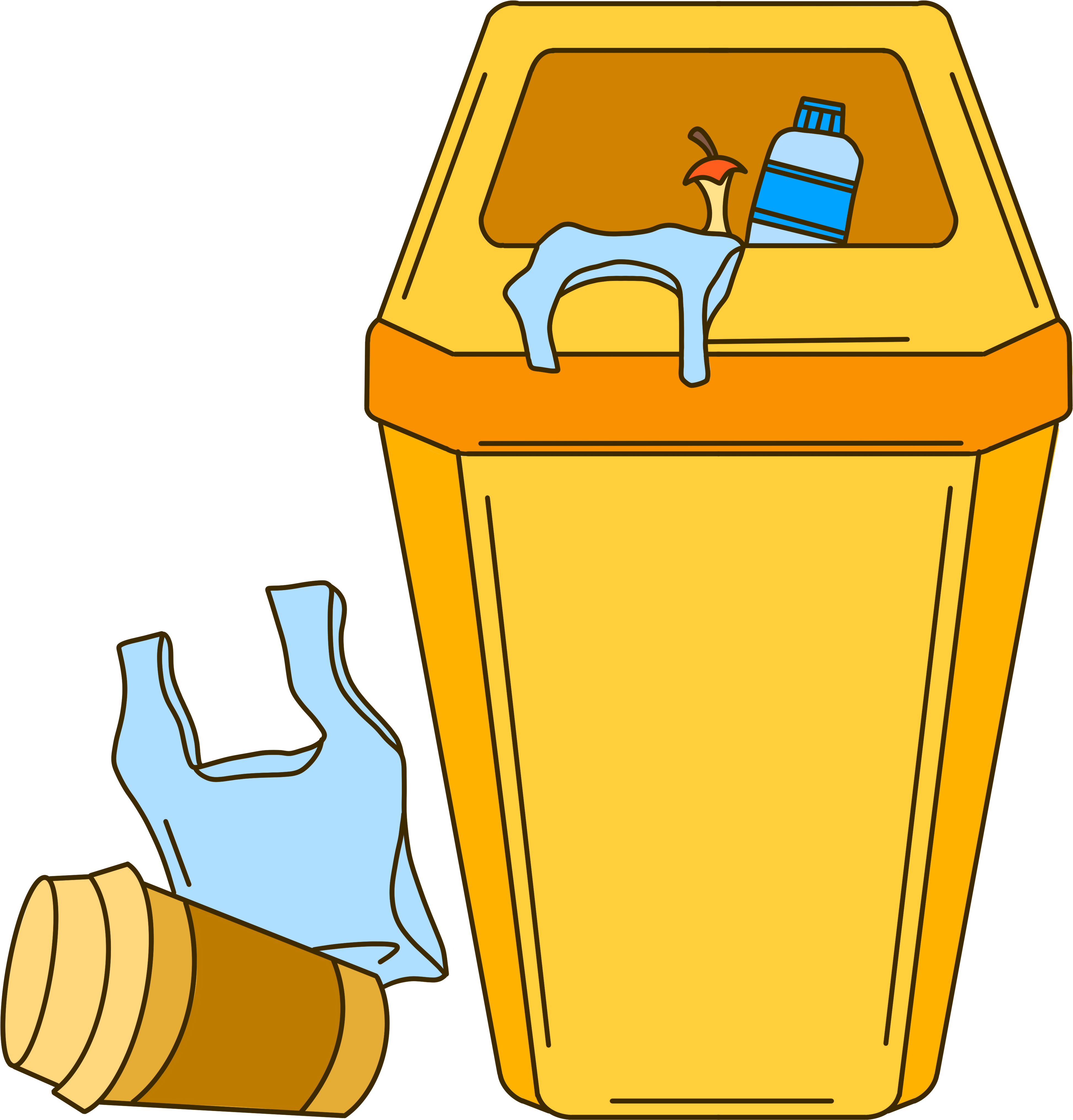 Illustration of trash cans and plastic bags on a transparent background