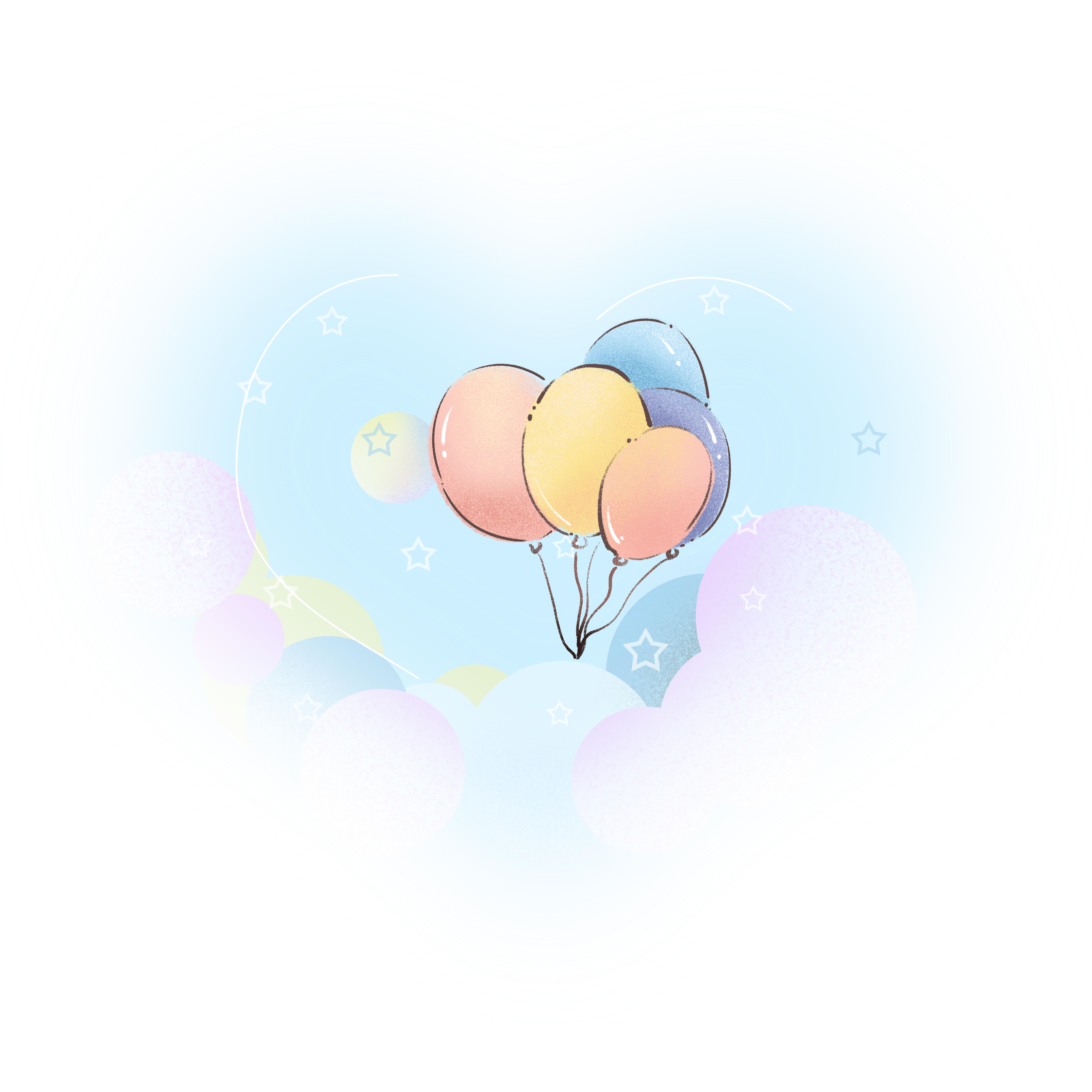 Hand-drawn light blue heart and balloon transparent background elements
