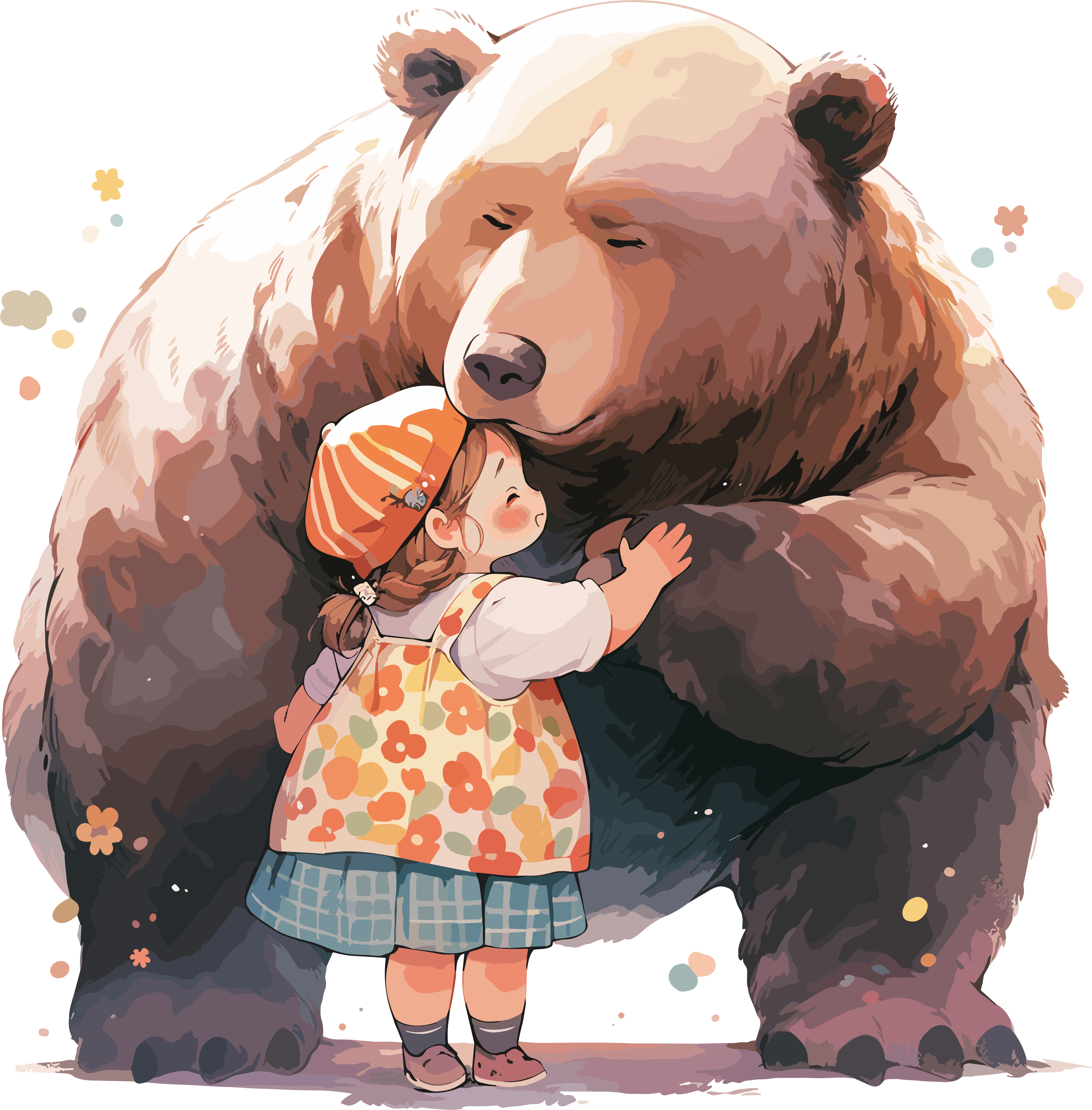 Cute simple line drawing of a brown bear and a girl creative design material