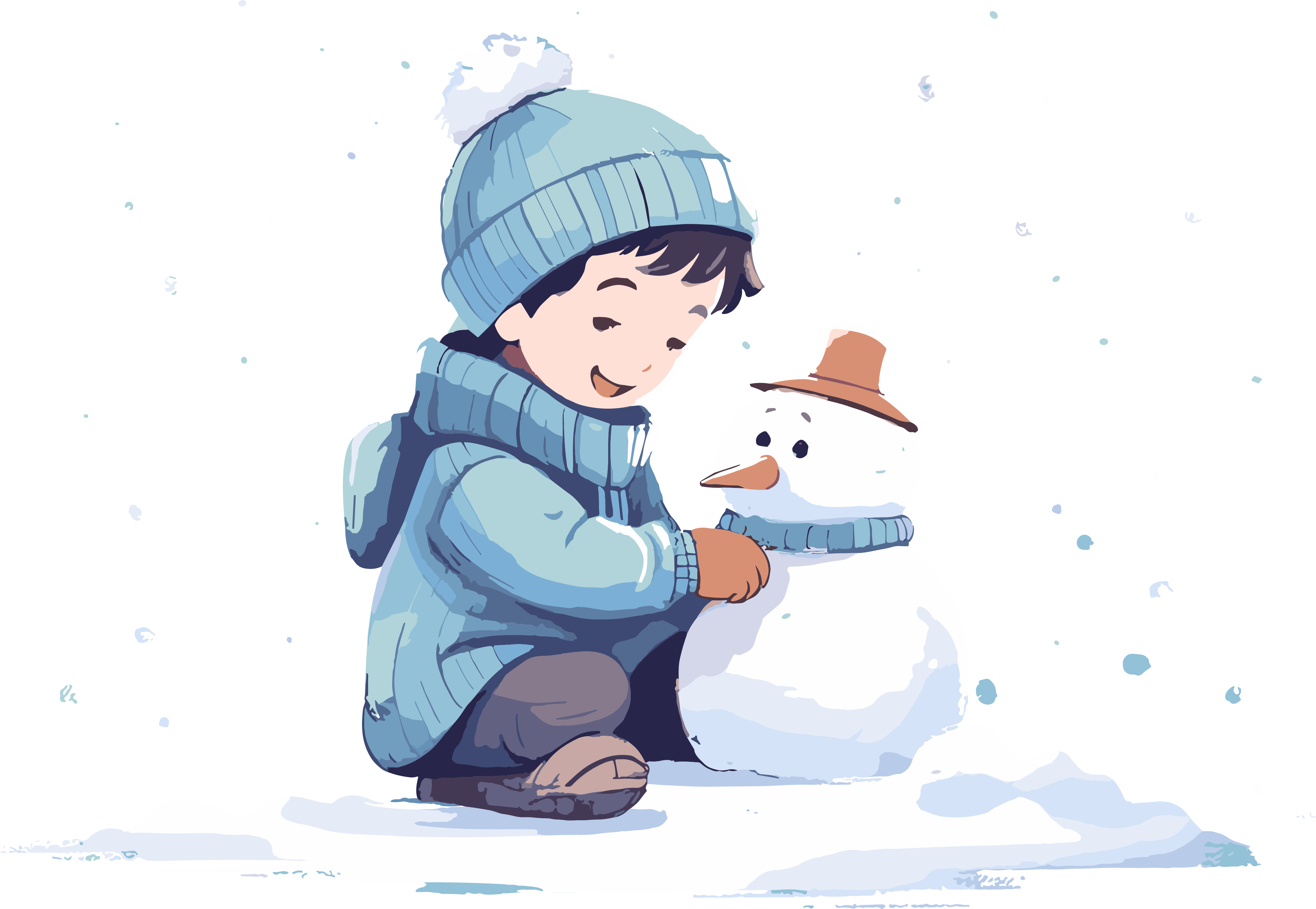 A flat illustration of a little boy building a snowman with winter elements