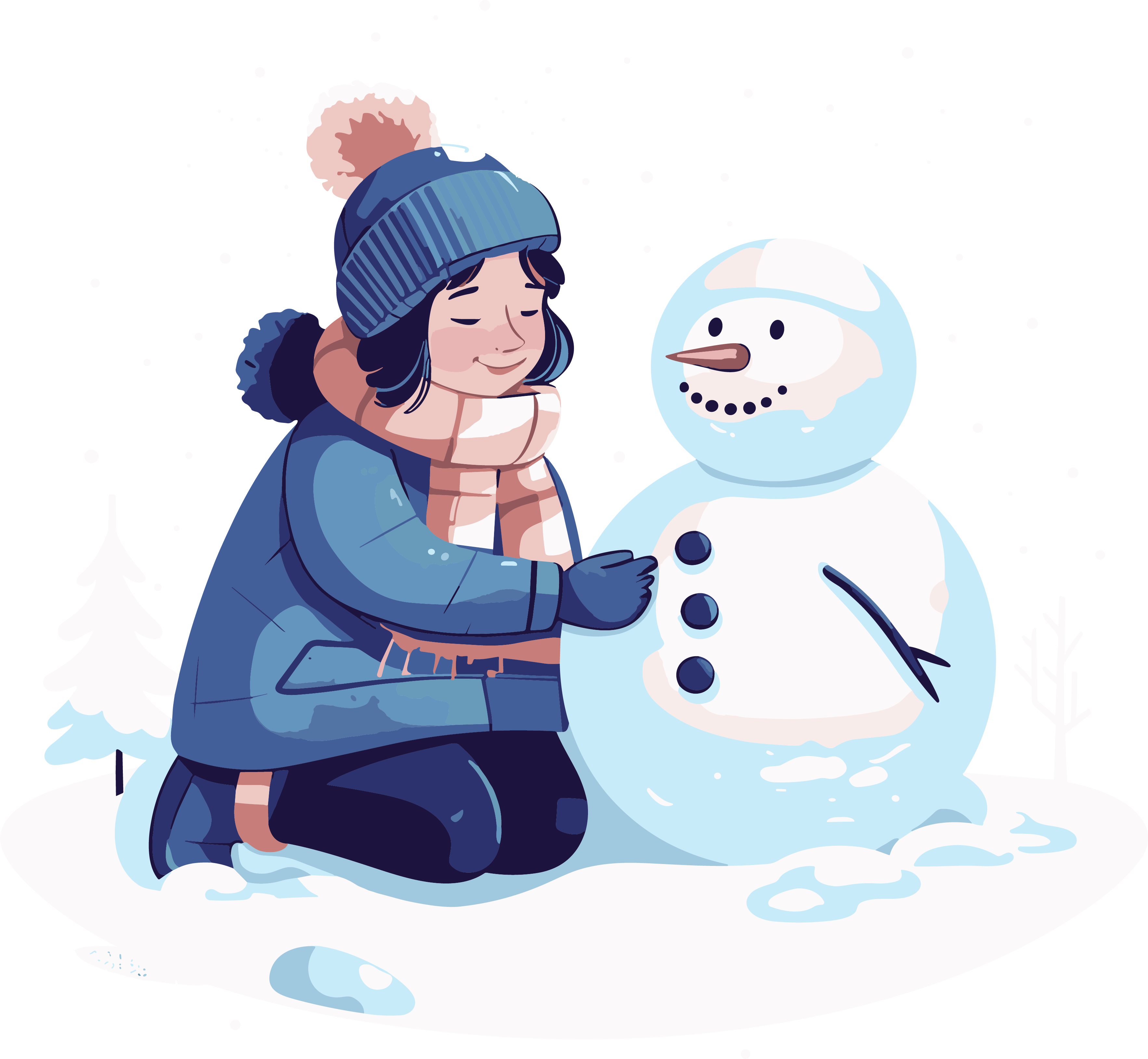 Illustration of a little girl in a cartoon style building a snowman