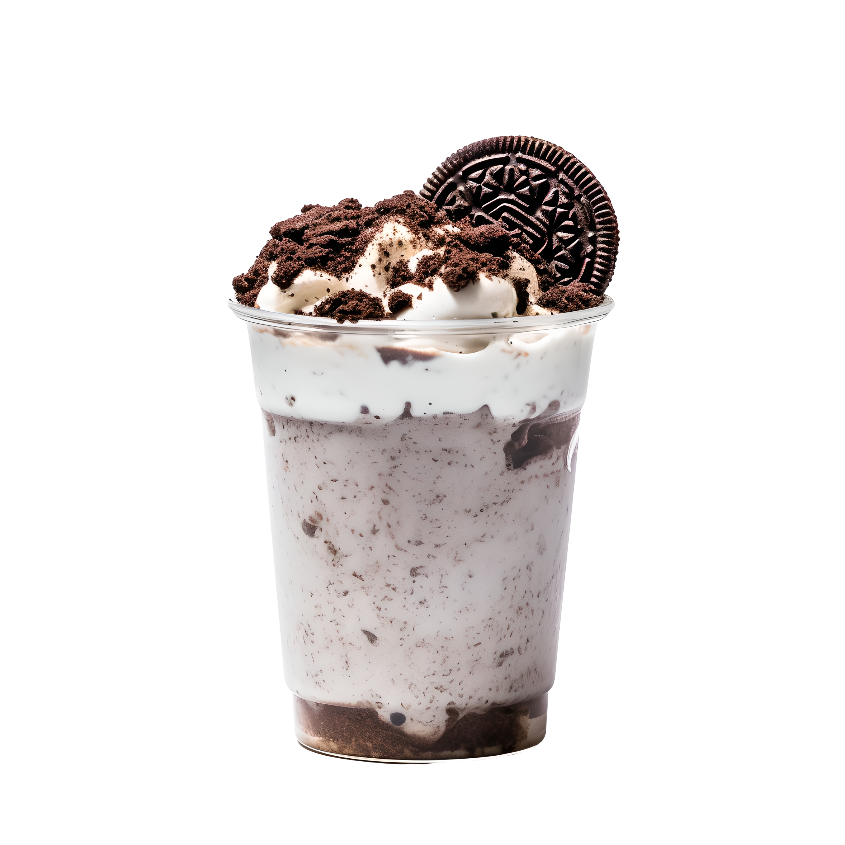 Oreo milkshake material in a transparent plastic cup