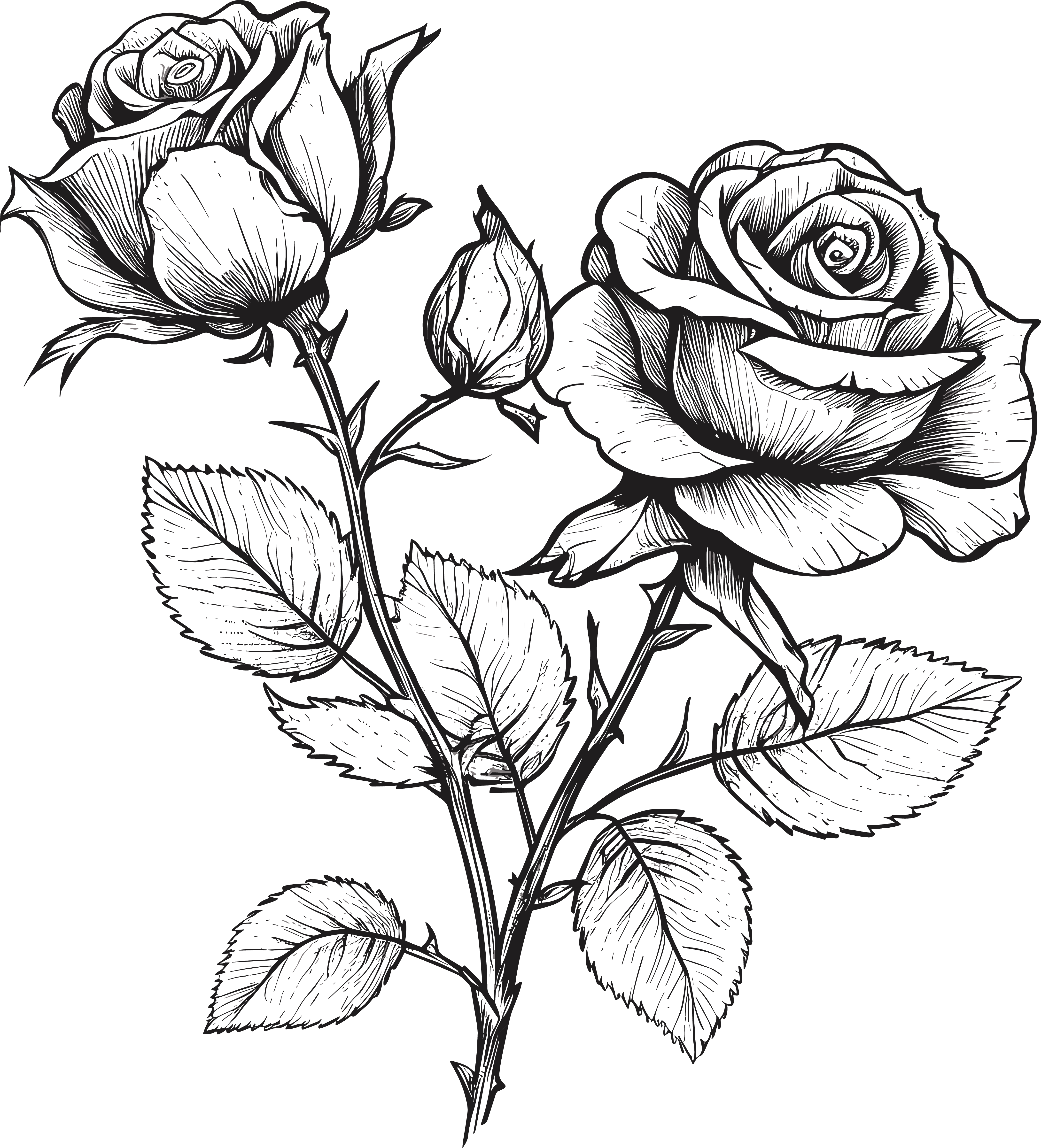 Exquisite black and white hand-drawn line art of roses