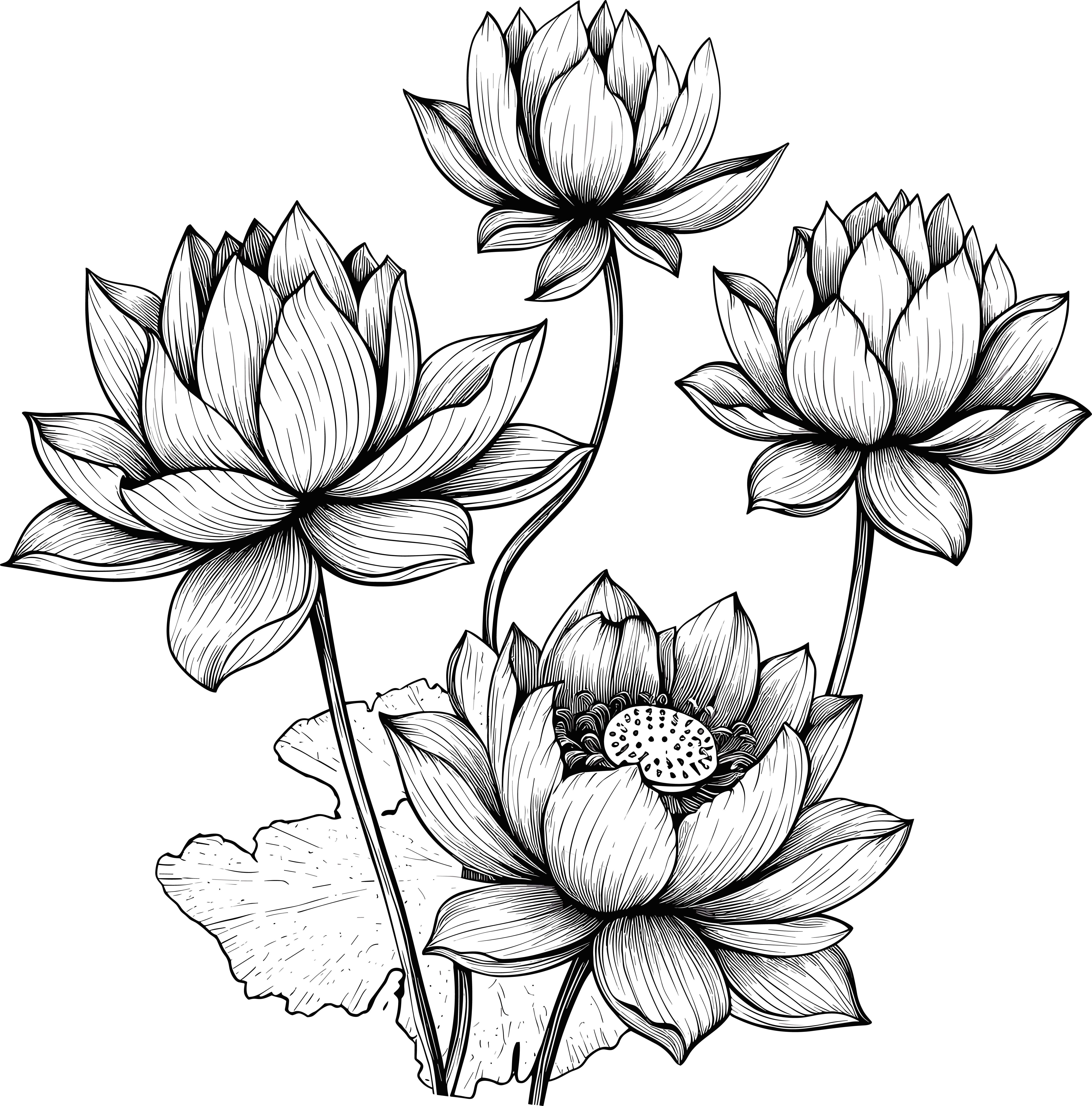 Black and white hand-drawn lotus flower line art material