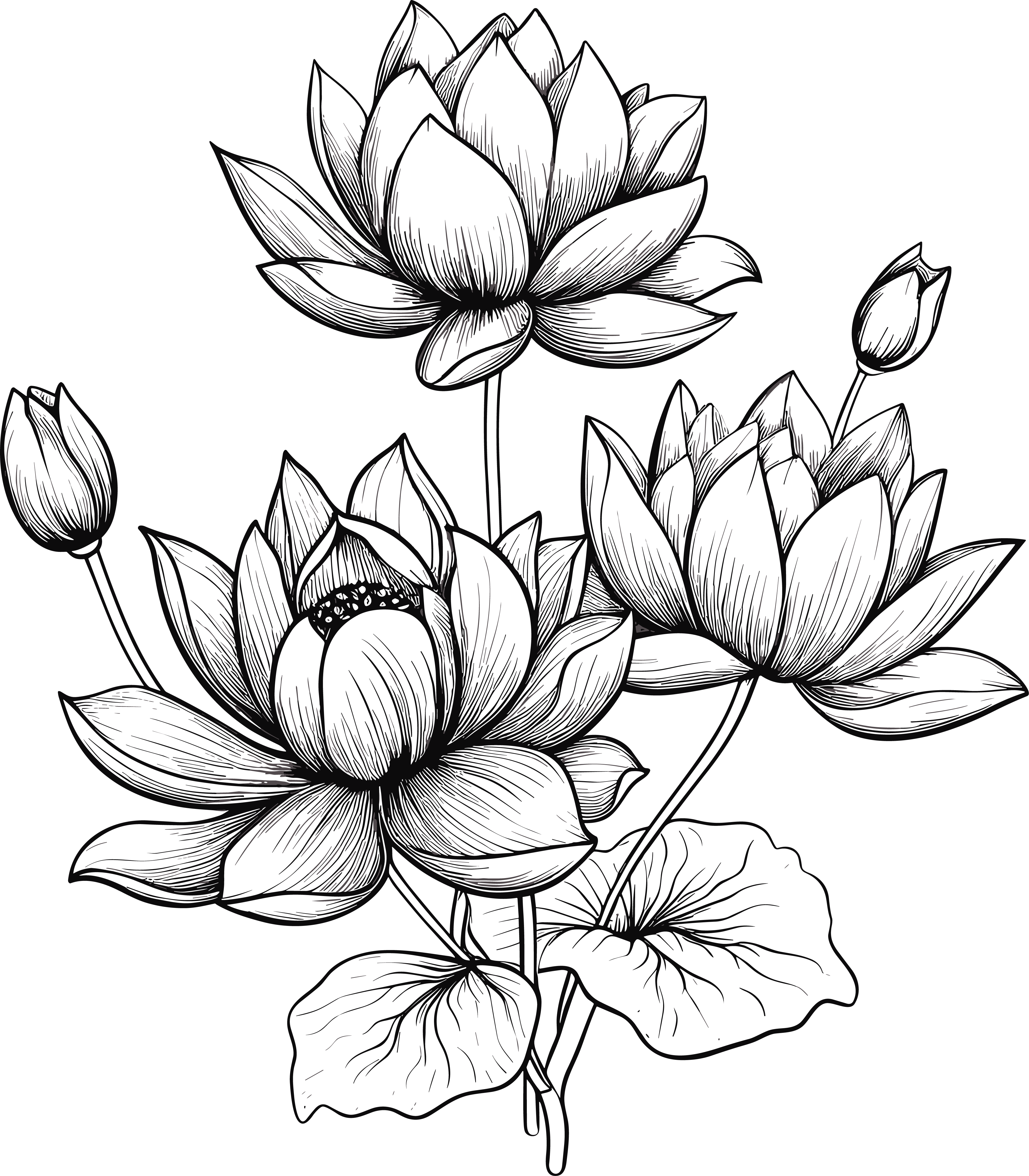 Lotus flowers and leaves black and white hand-drawn creative material