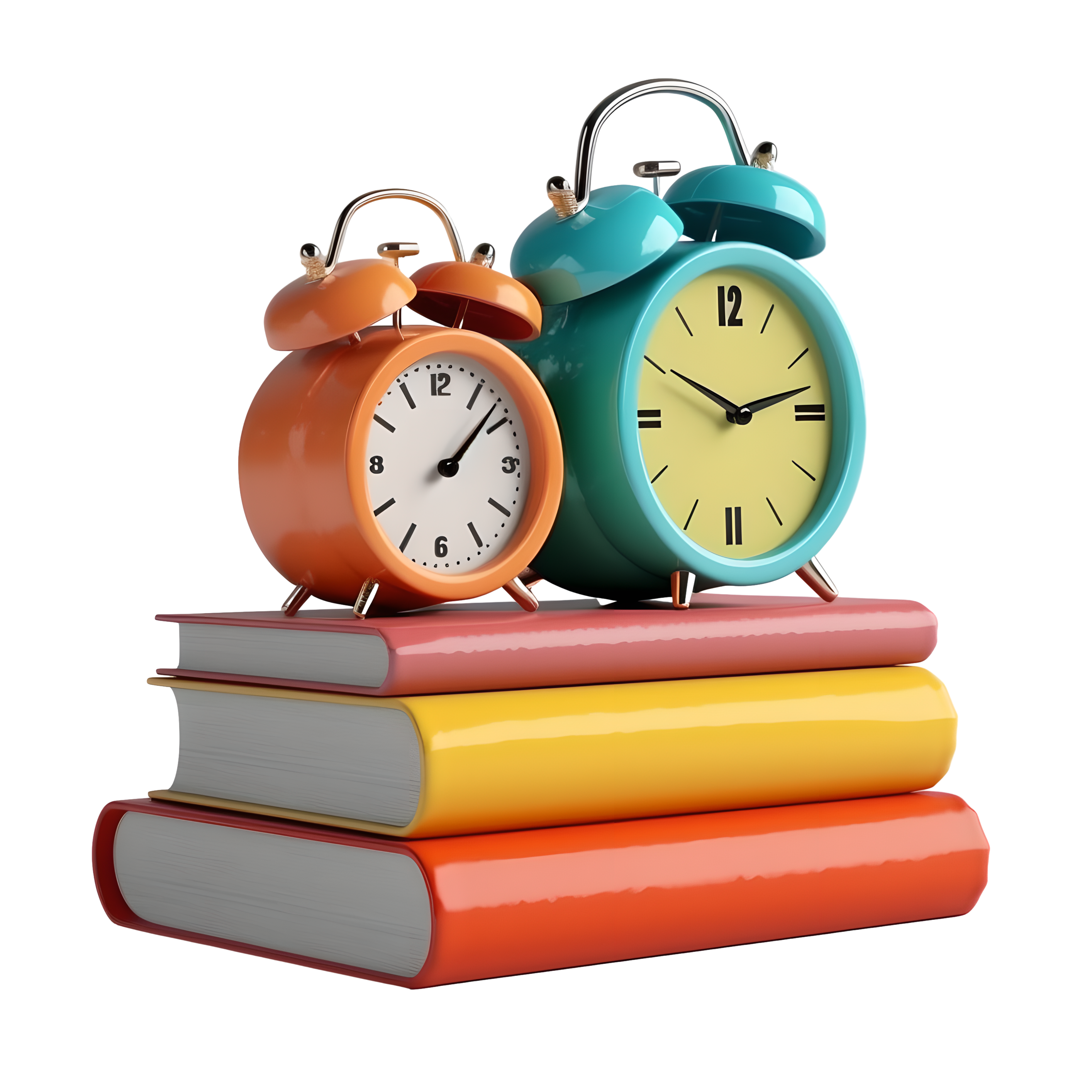 Three books of different colors and two alarm clocks illustration