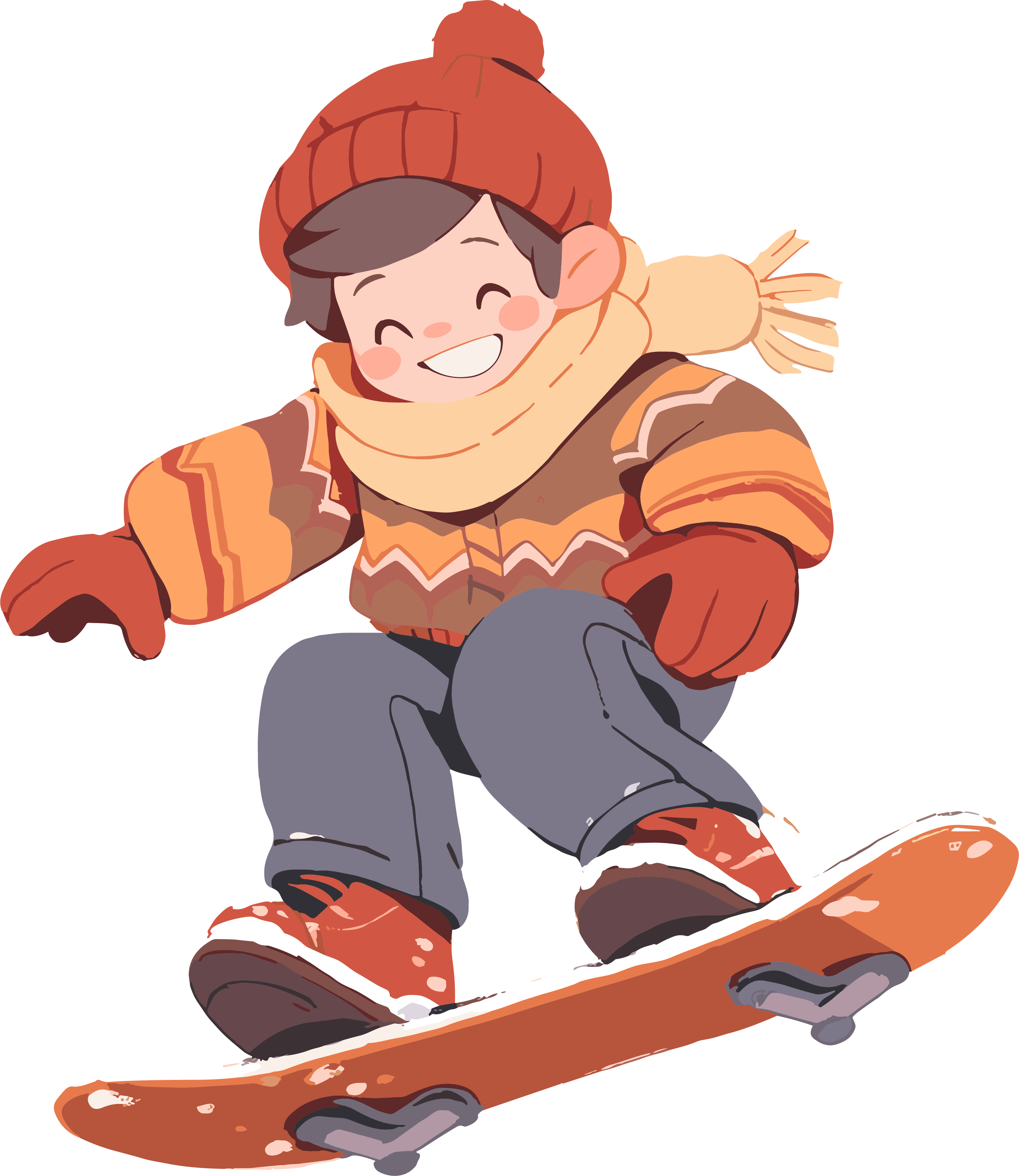 Warm autumn and winter sweater with cartoon boy skiing elements
