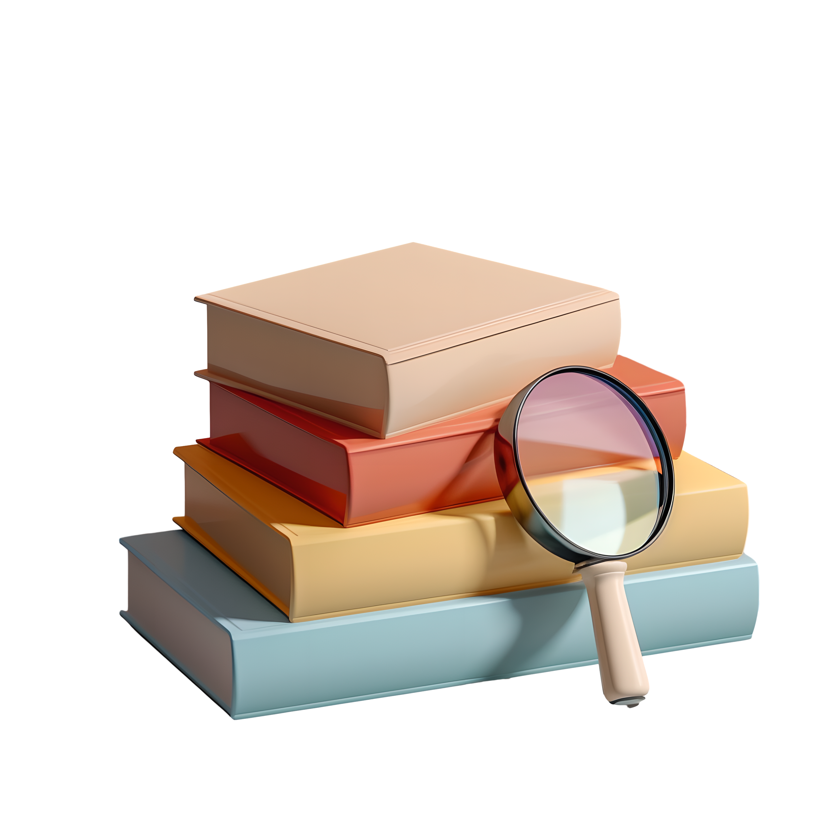 Three books of different colors and a 3D magnifying glass material