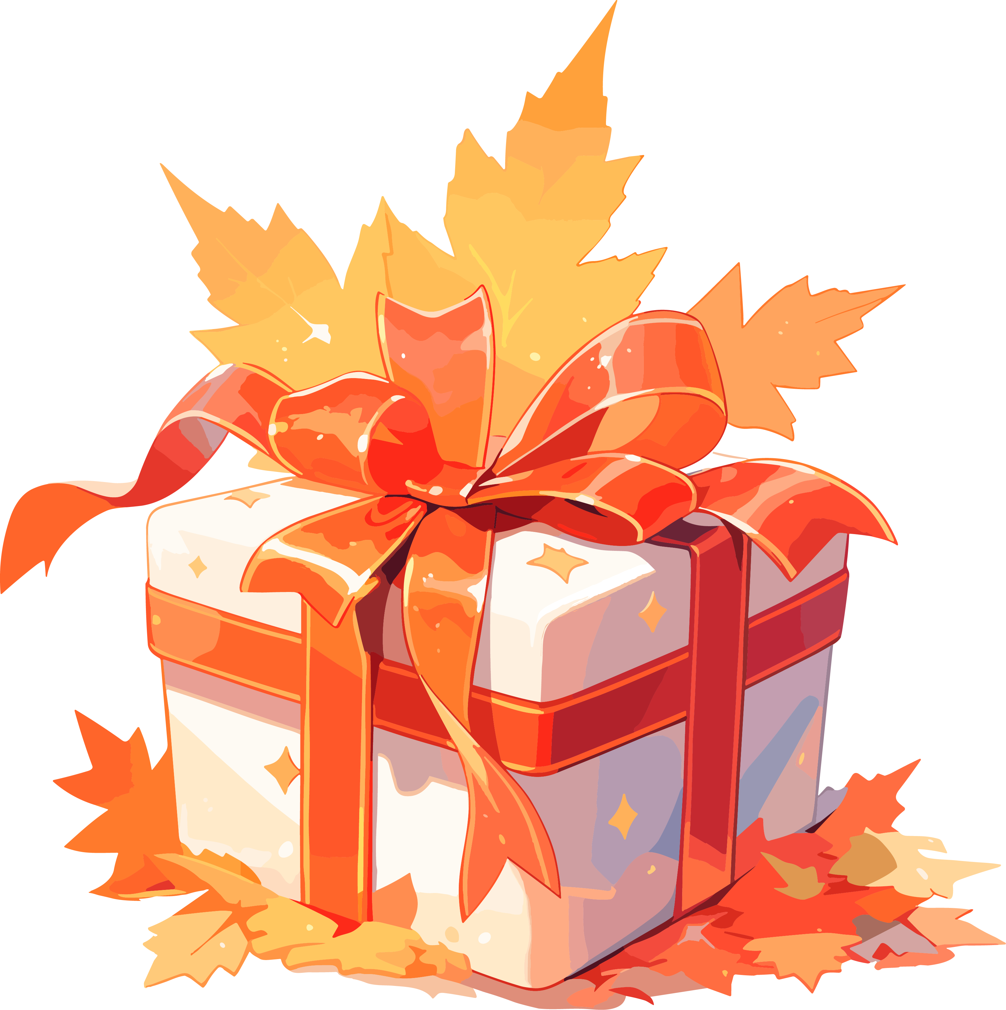 Orange gift box and two flat illustrations of maple leaves