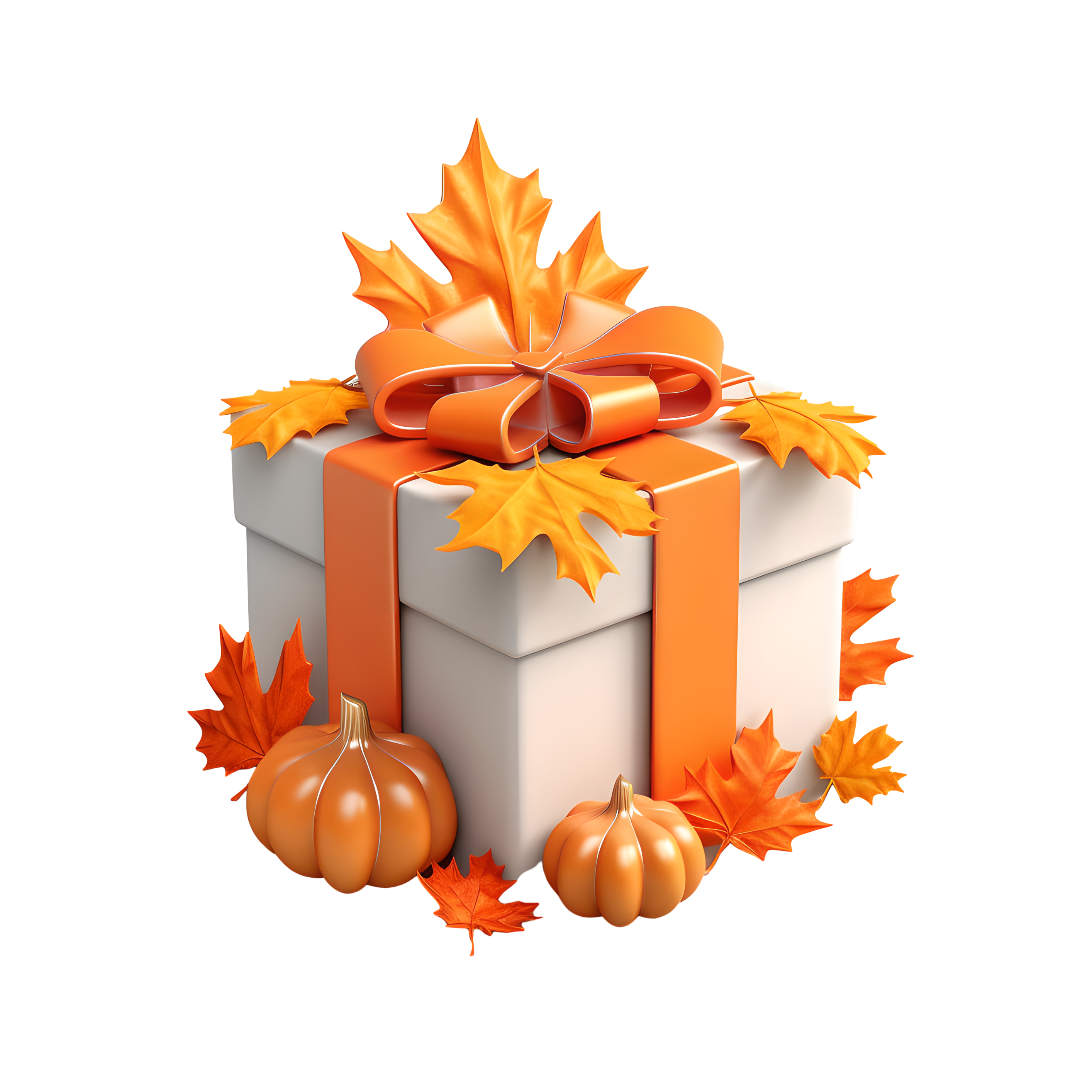 3D cartoon material of an orange gift box and maple leaves on a white background