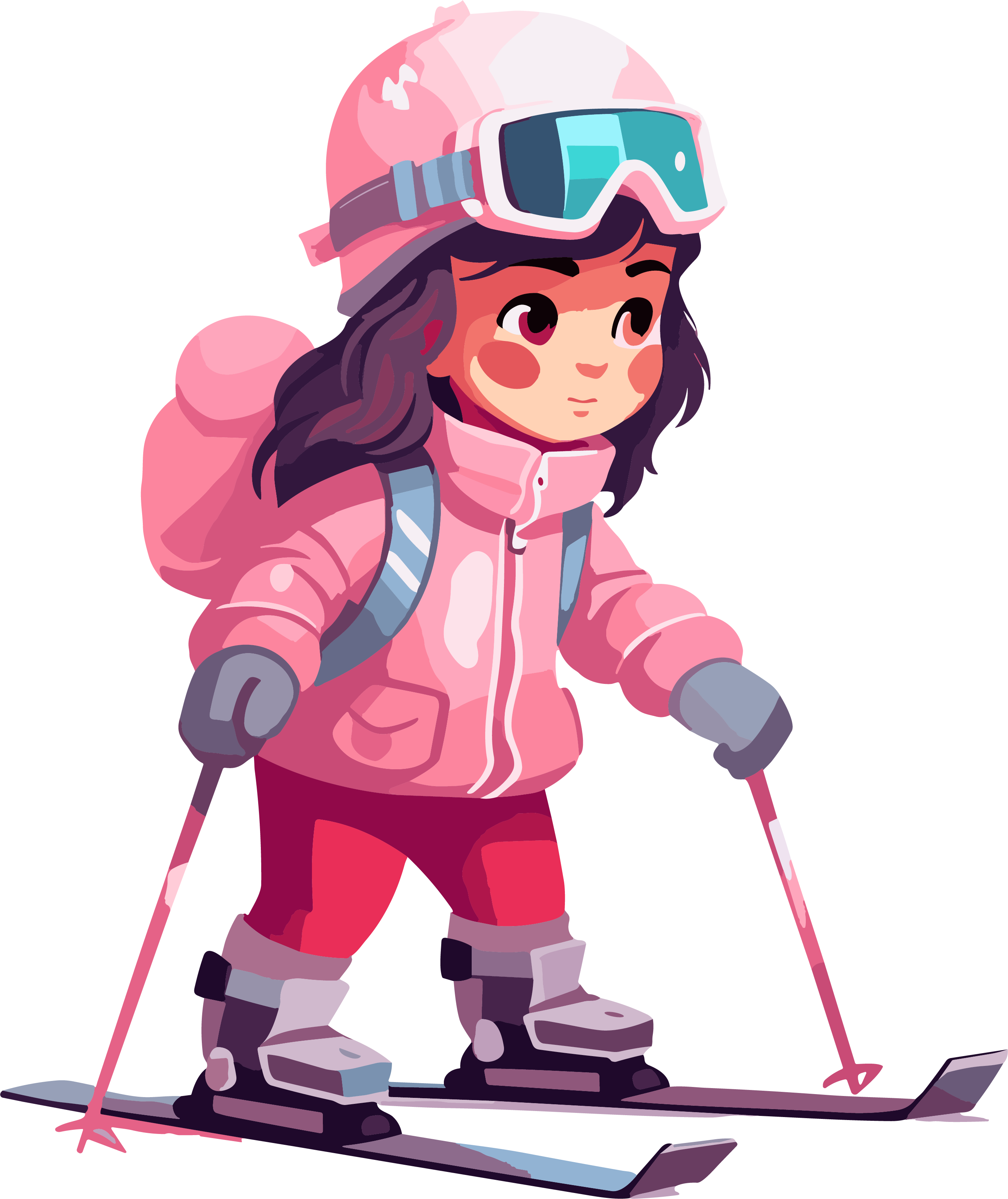 Skiing children pink commercial illustration