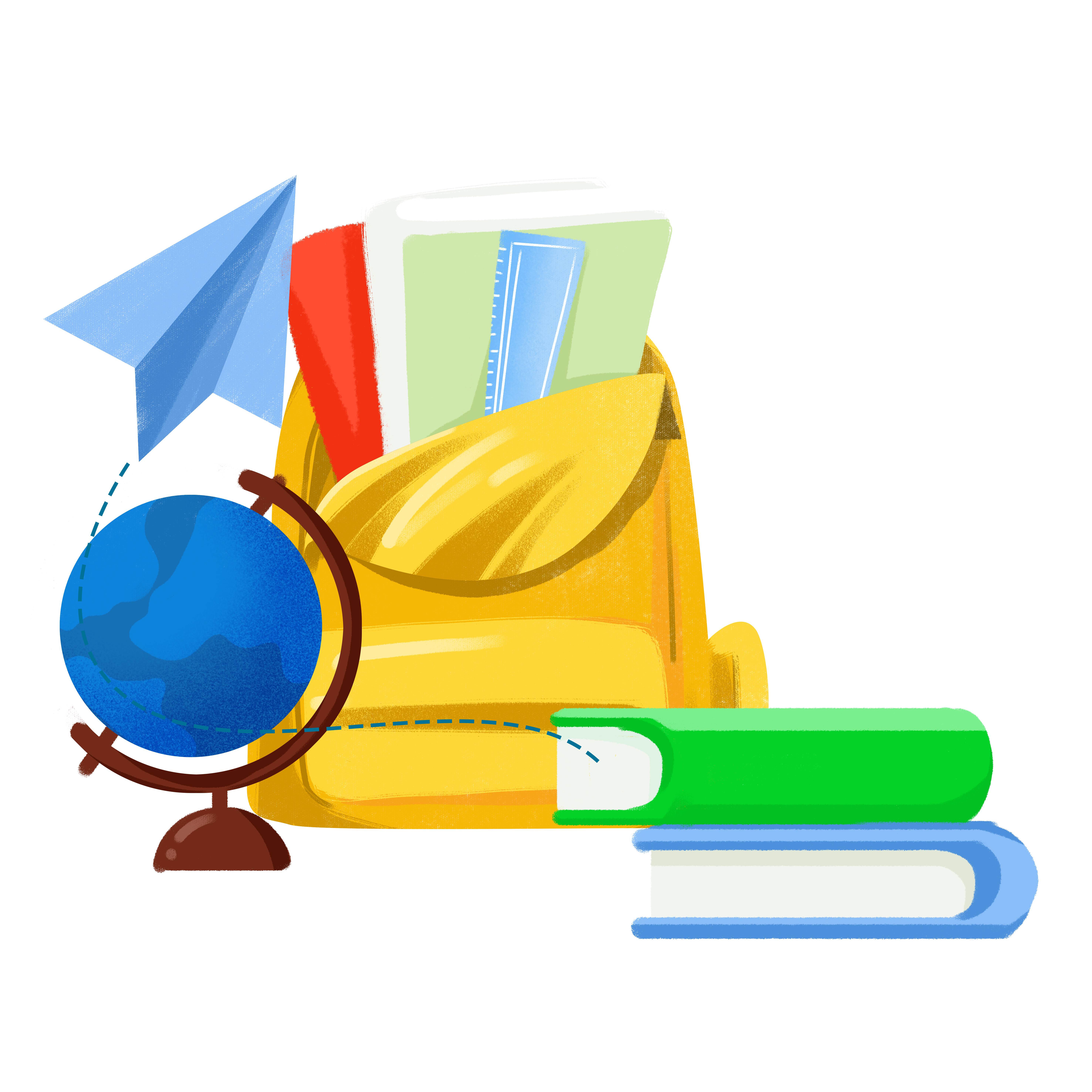 Educational theme backpack books globe PNG illustration