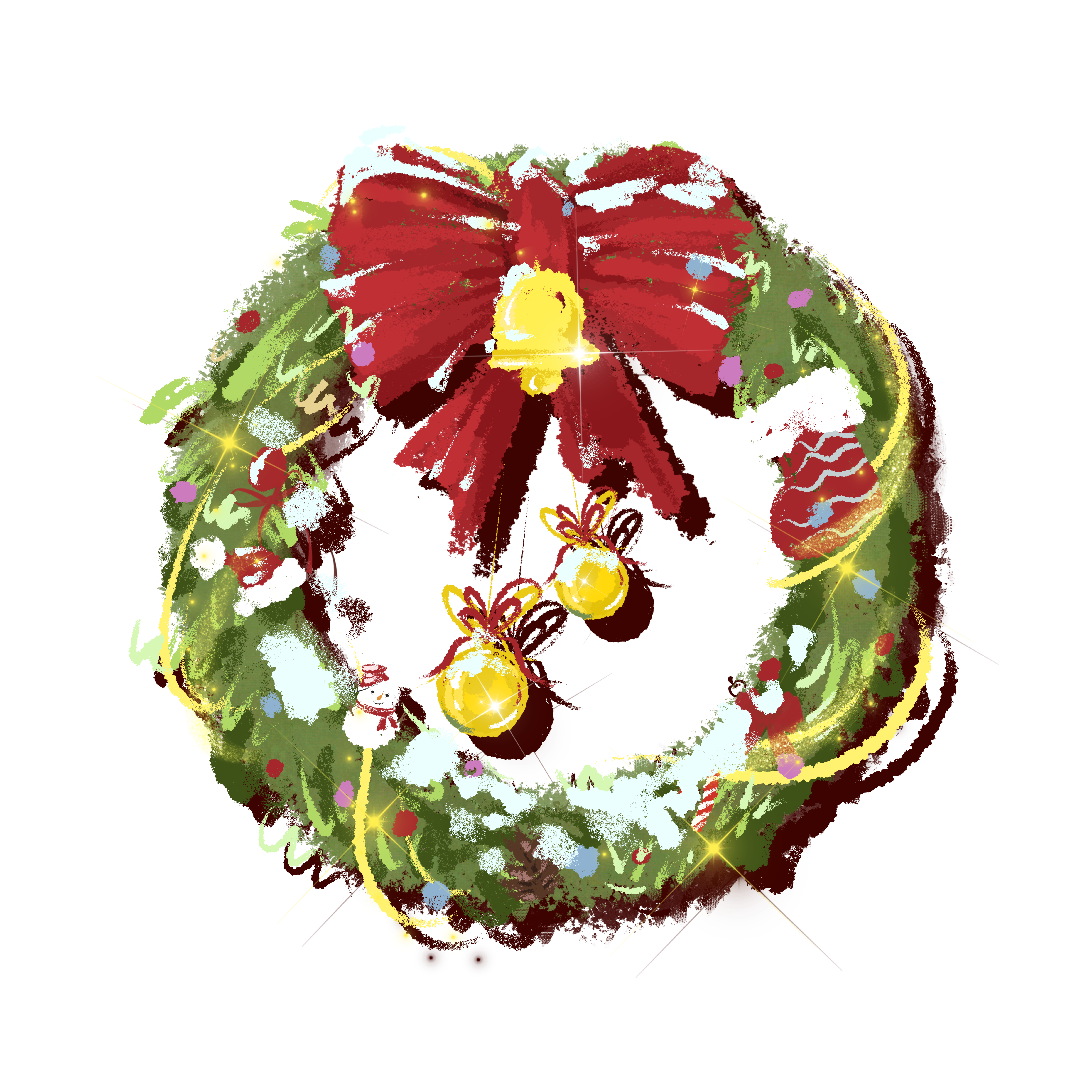 Hand-painted illustration of a Christmas wreath with a red bow