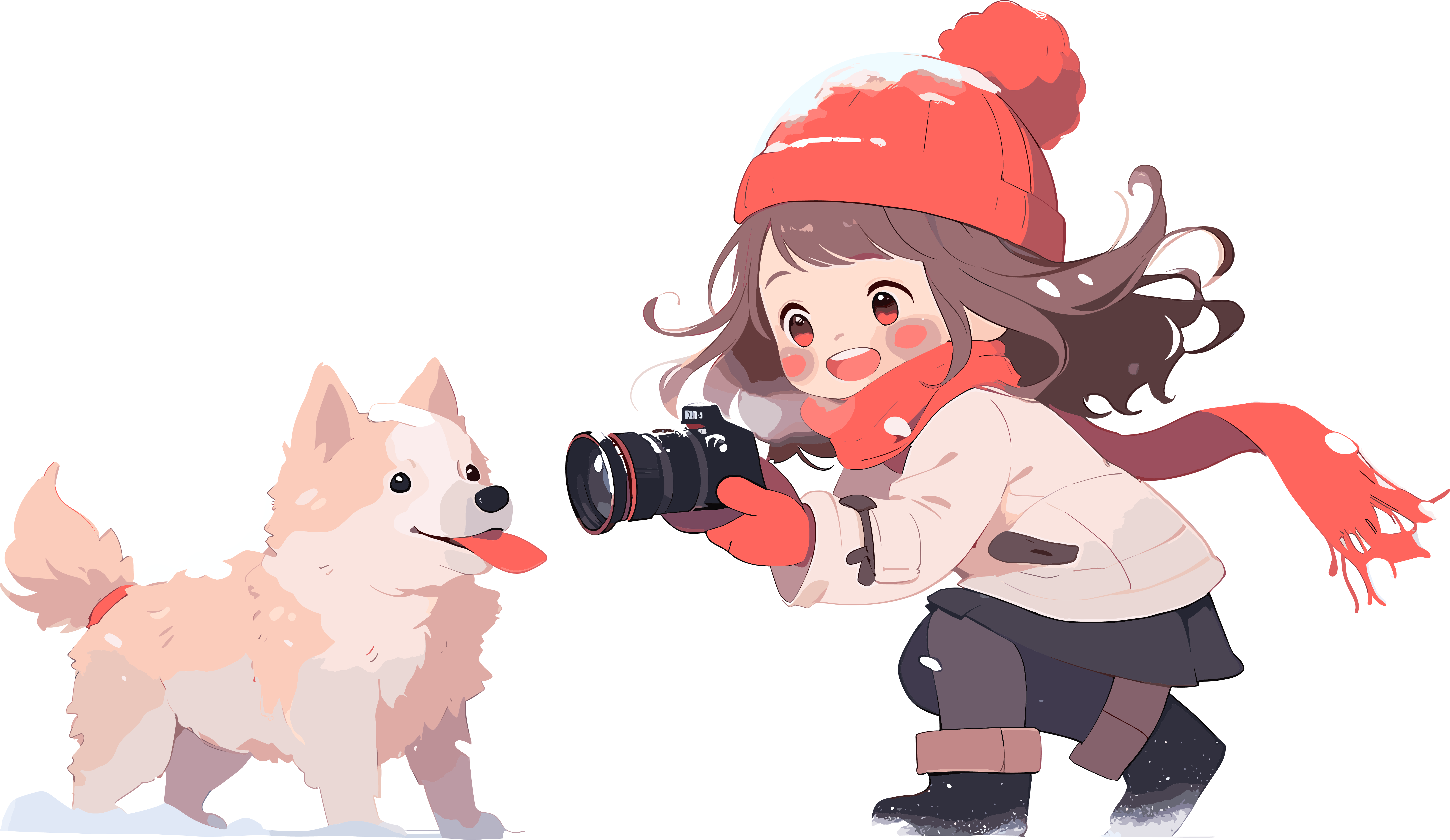 Little dog running in the snow 2D flat illustration