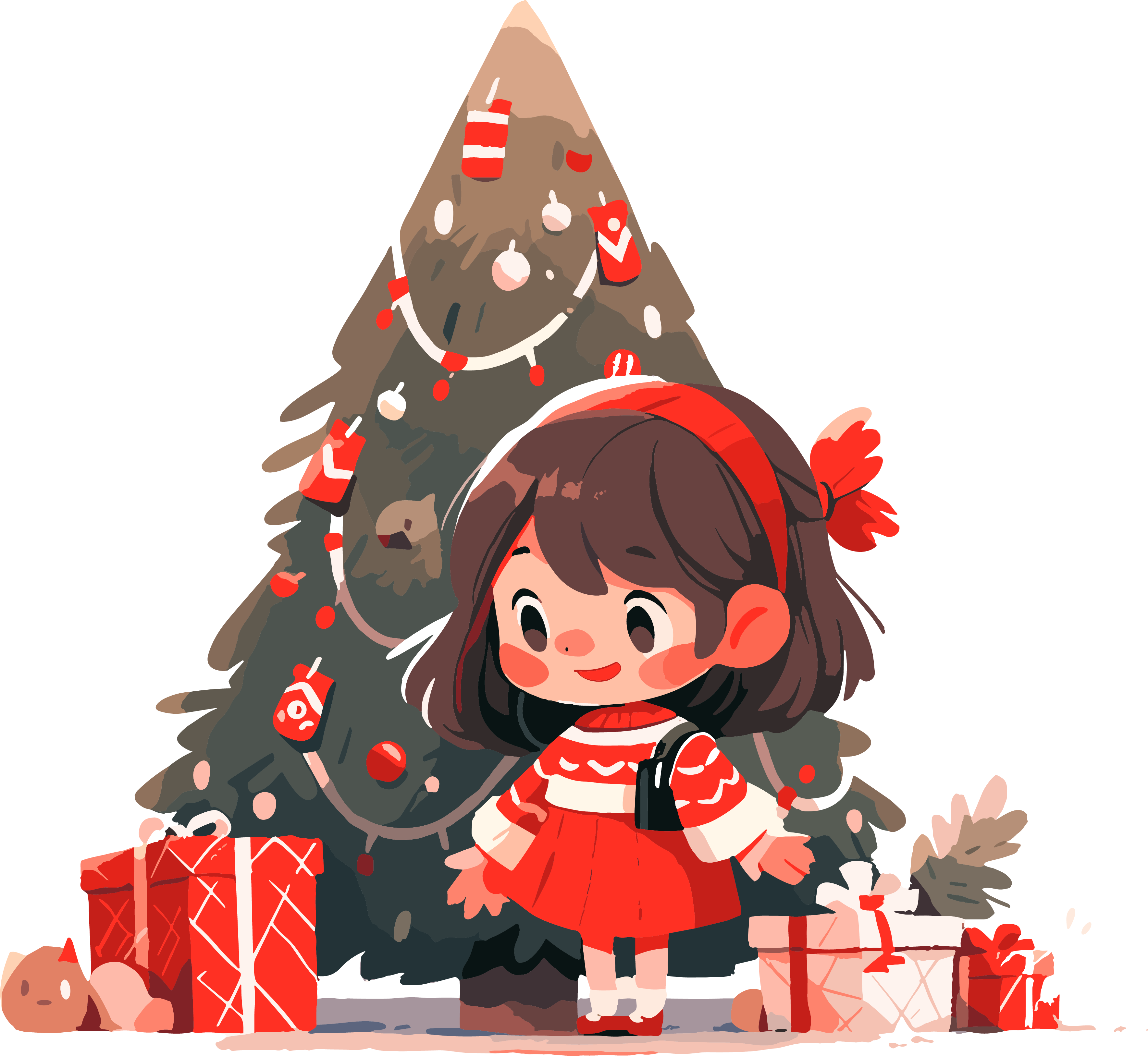 A cute little girl with Christmas tree cartoon elements
