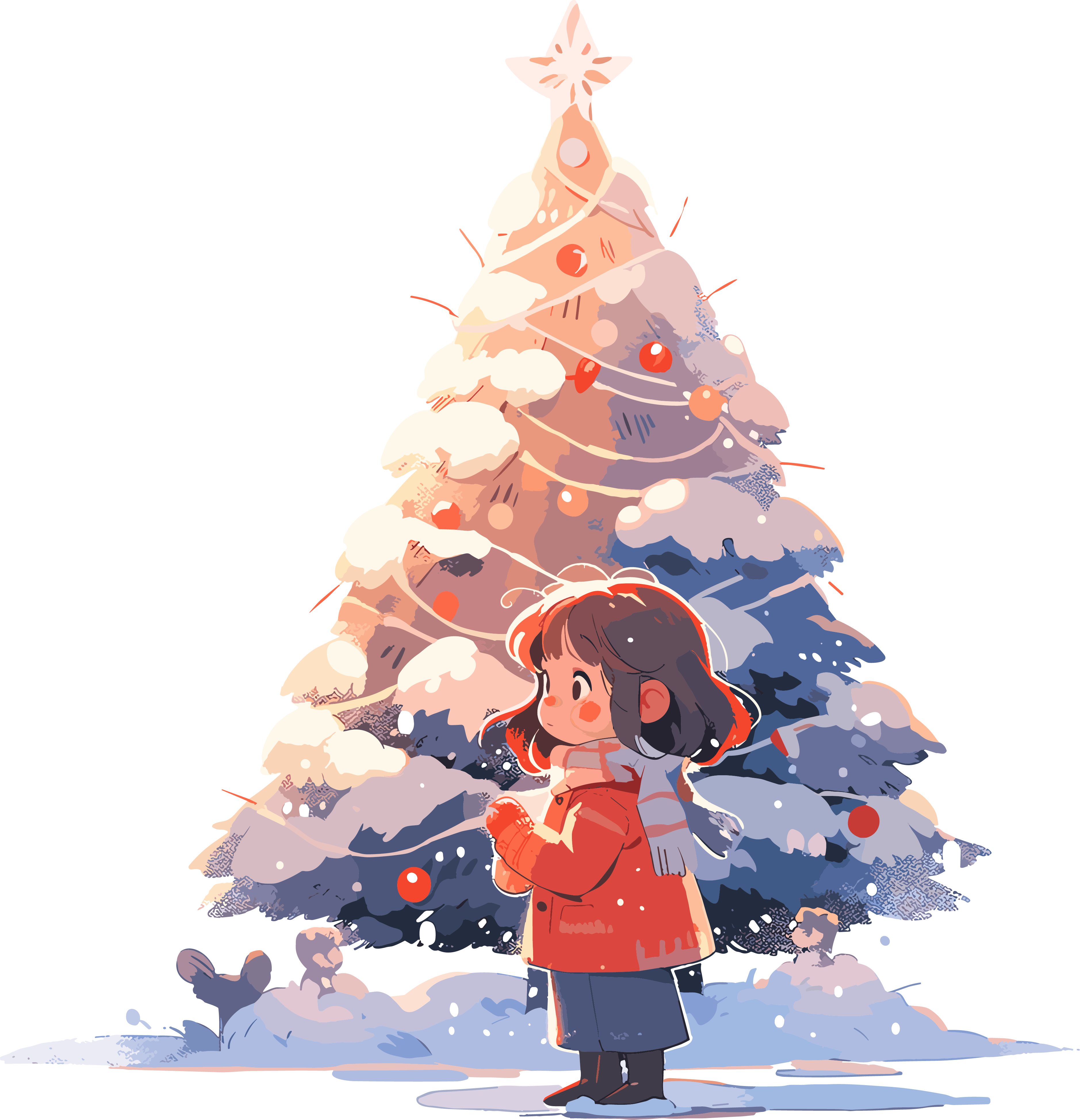 Cute little girl with Christmas tree cartoon elements
