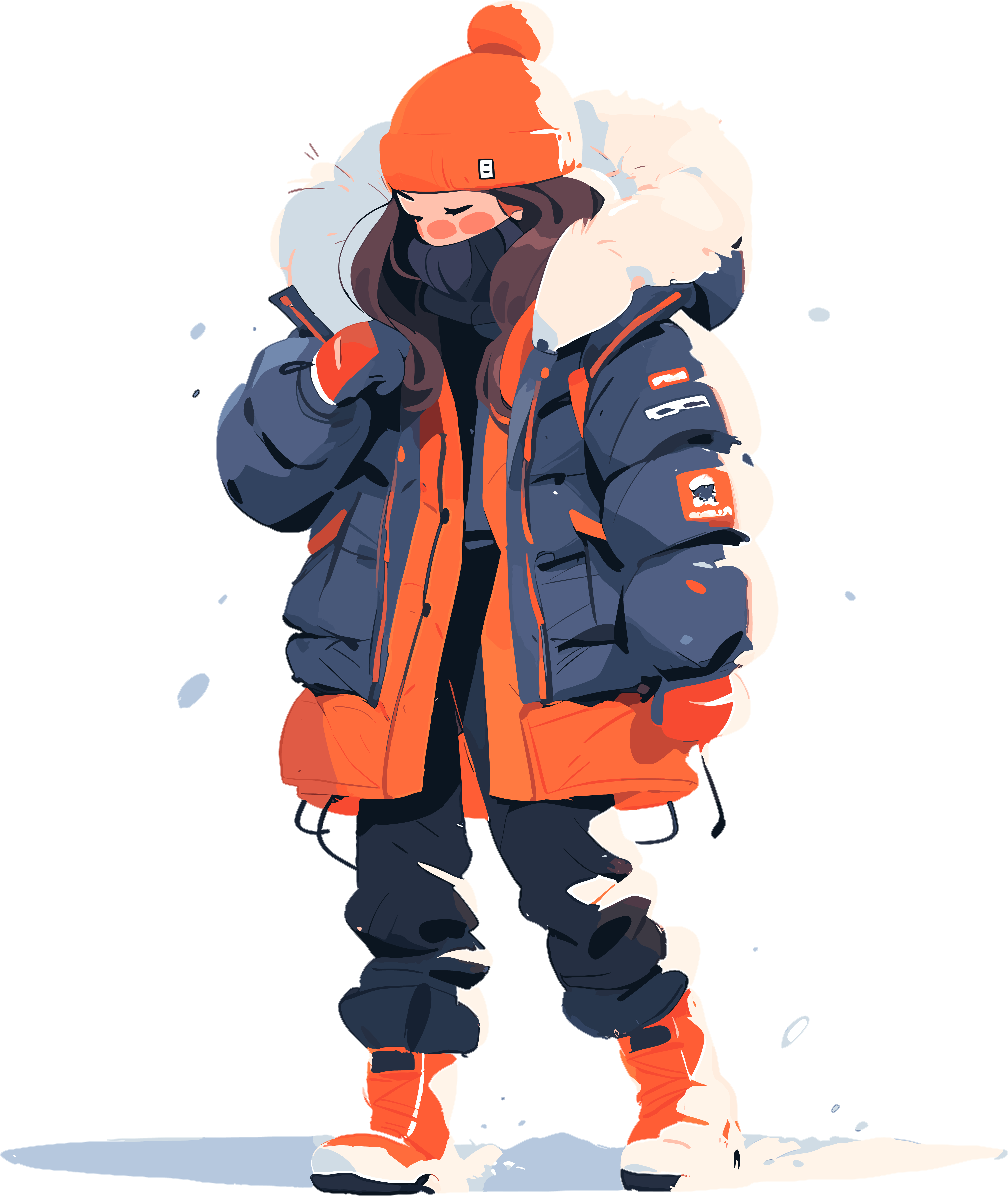 A full-body illustration of a beautiful girl wearing a blue down jacket