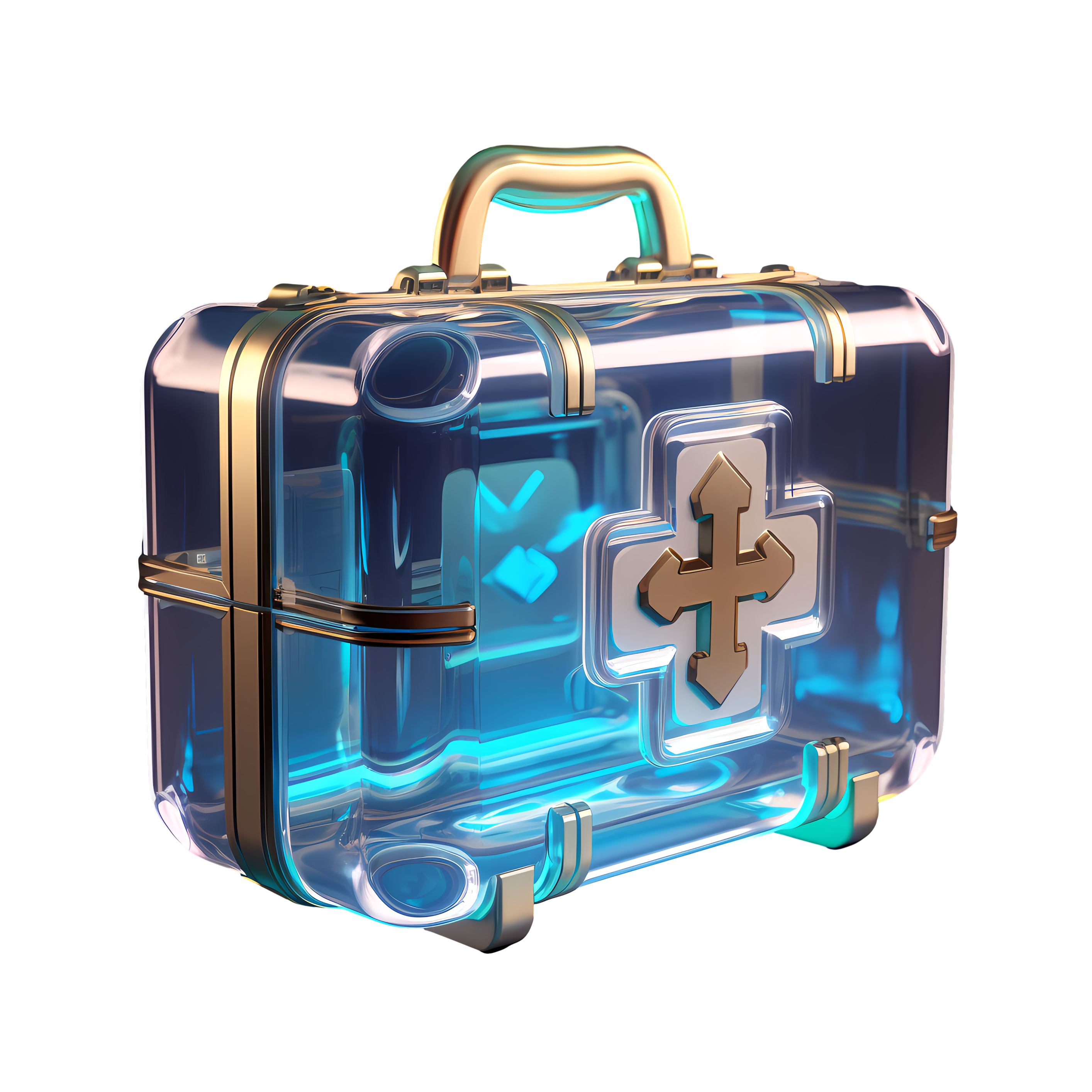 Icon of a blue and gold first aid kit with a transparent glass texture