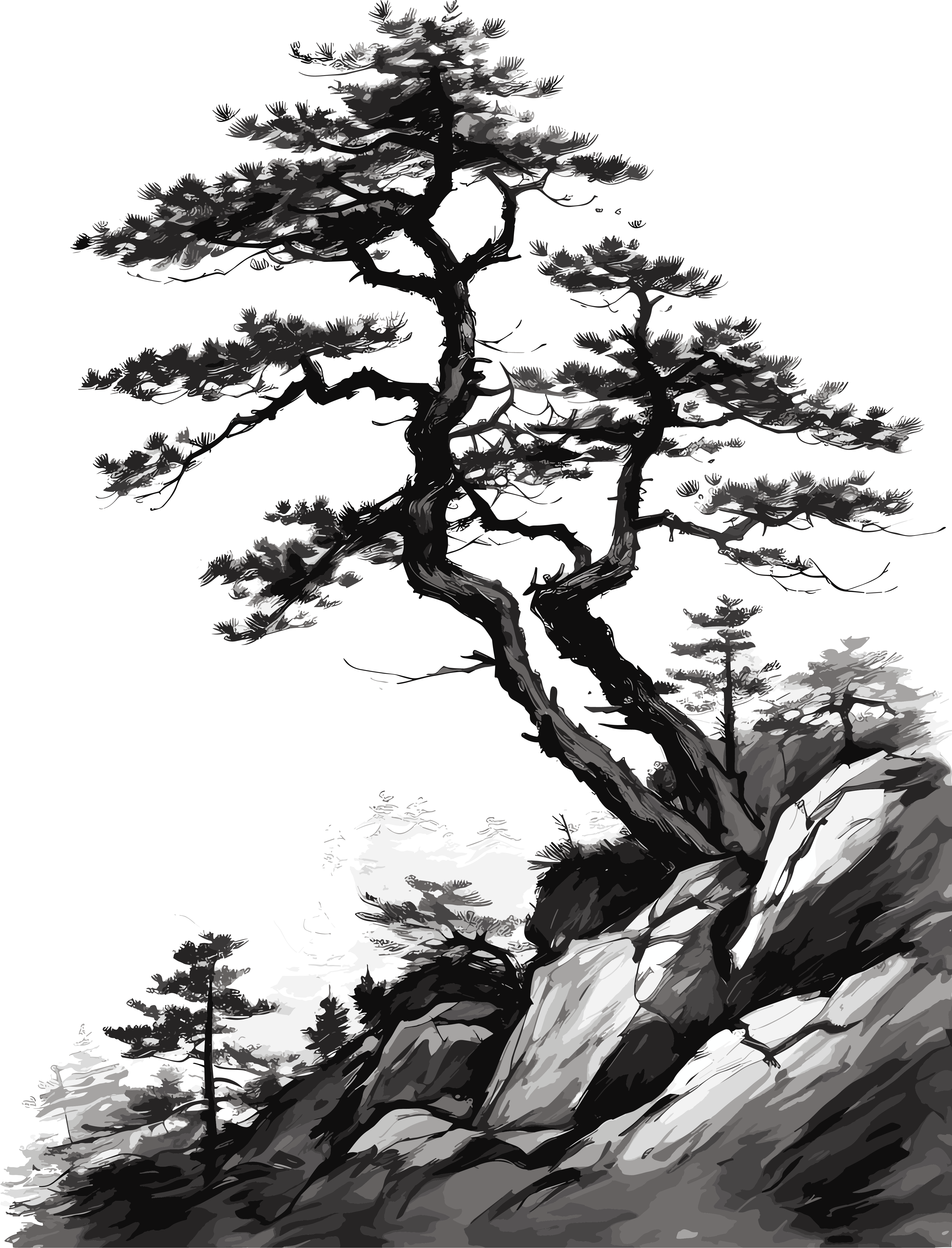 Chinese style ink painting on a white background