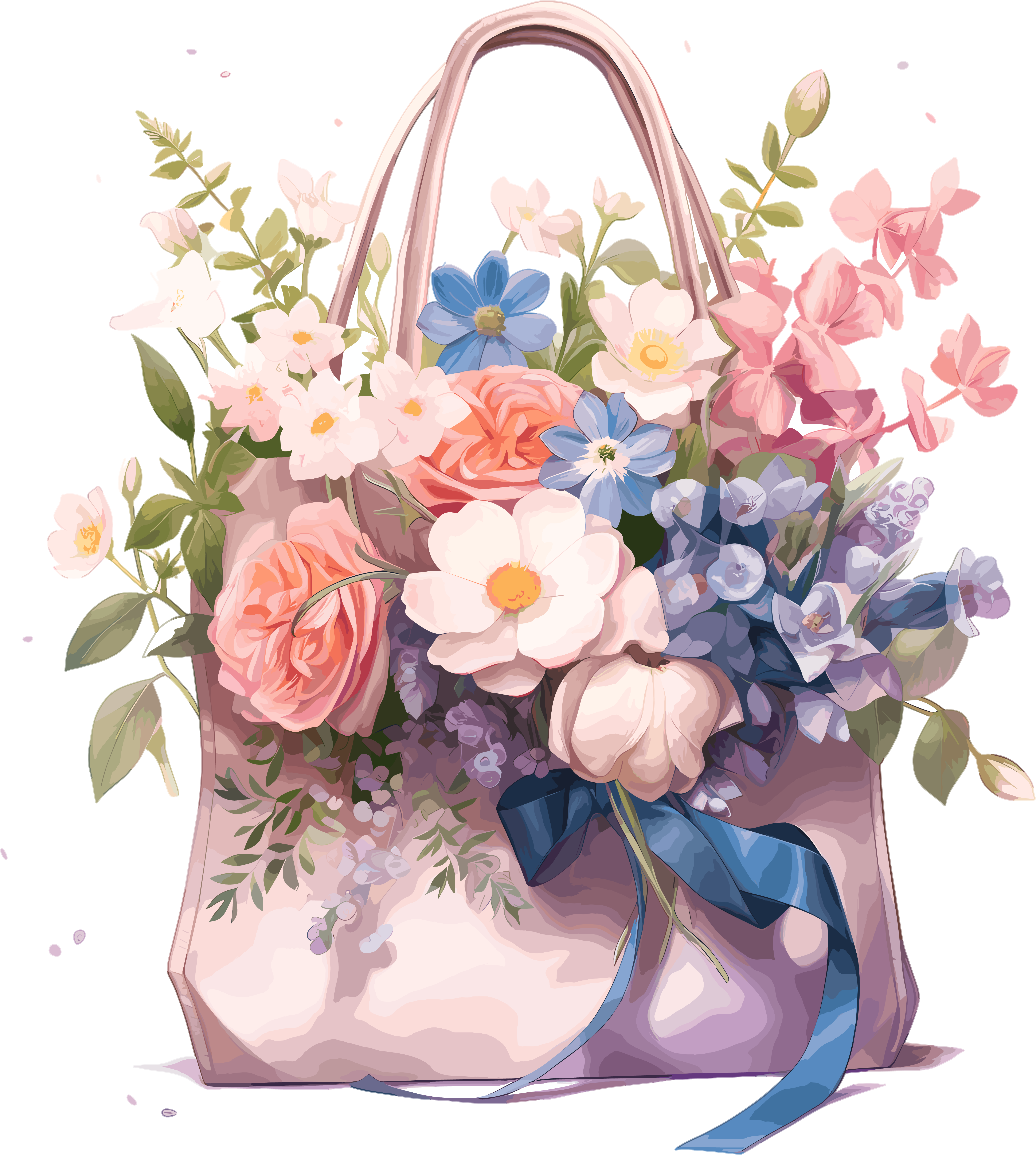 Illustration of a handbag with silk flowers