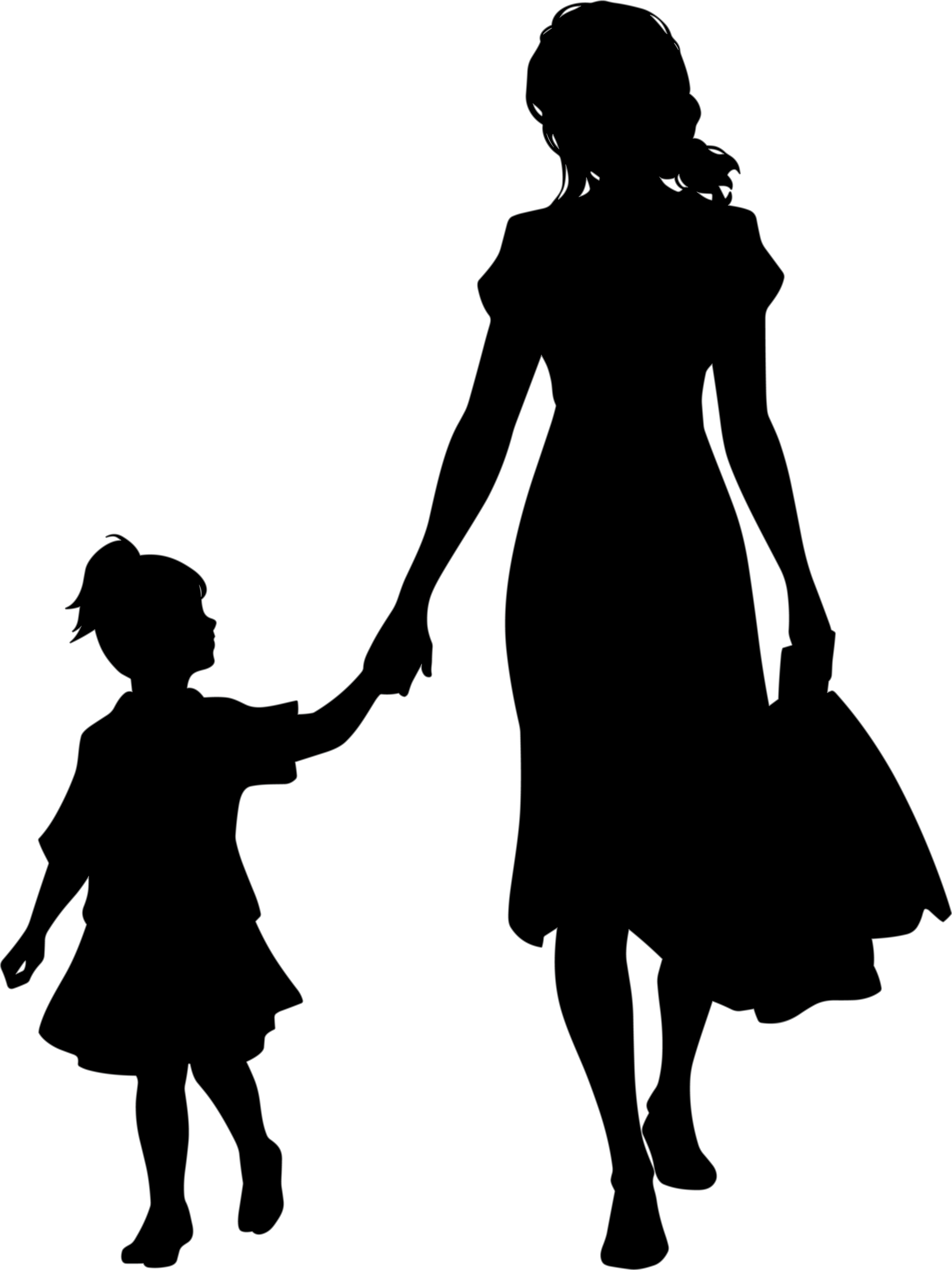 Mother and daughter holding hands black outline illustration