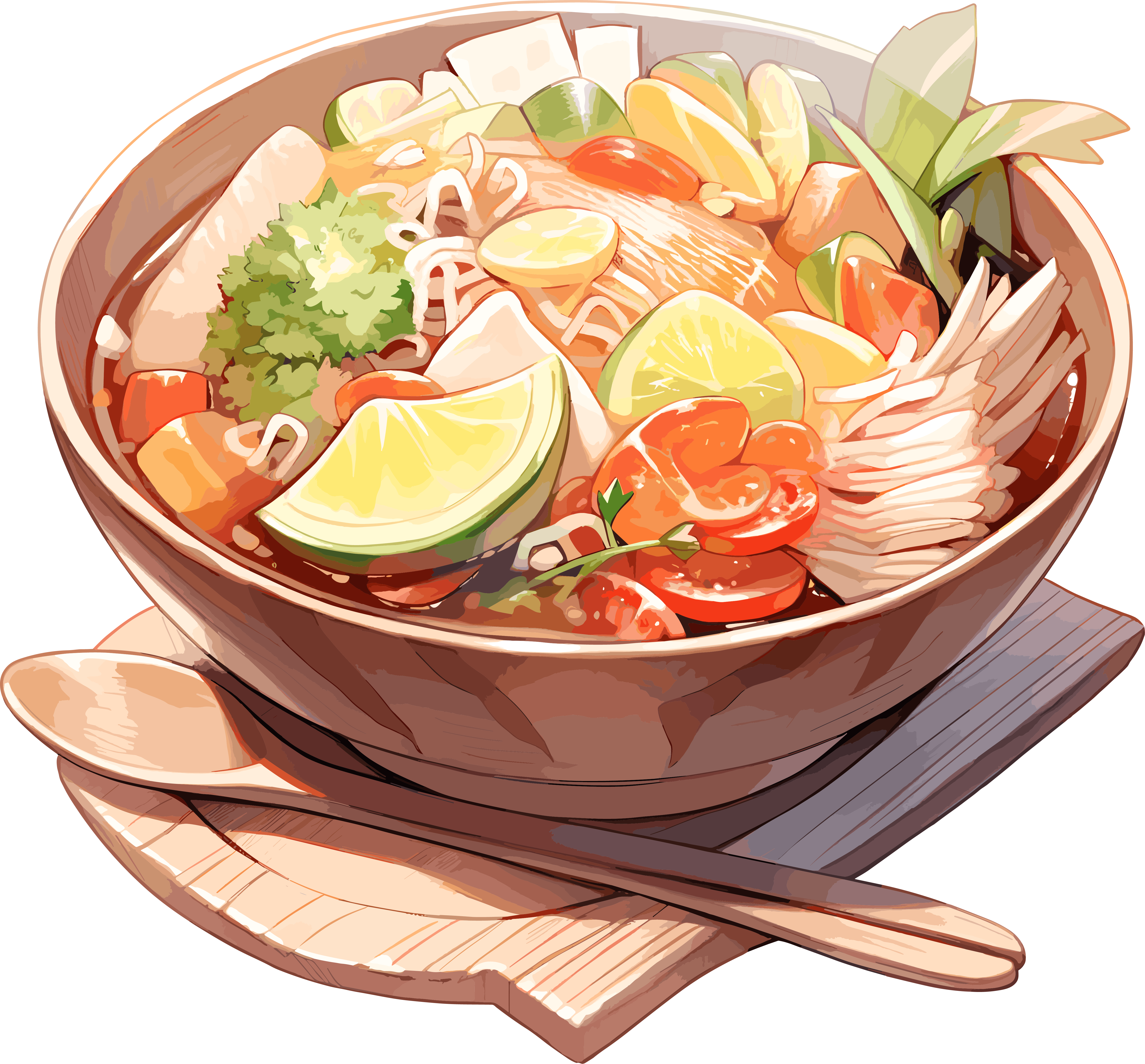 Thai-style noodle soup hand-drawn illustration pattern