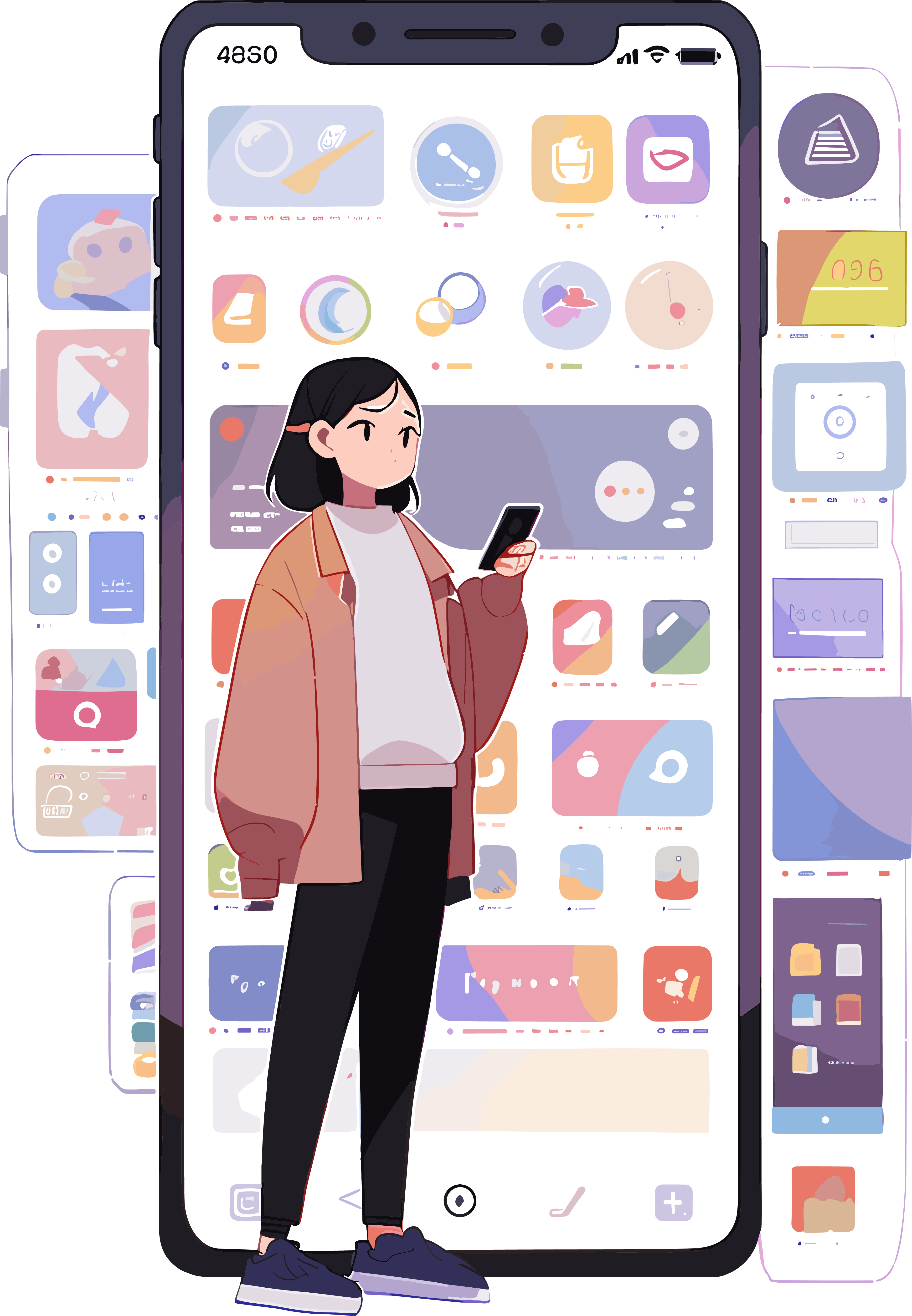 Mobile shopping girl minimalist fashion colorful illustration