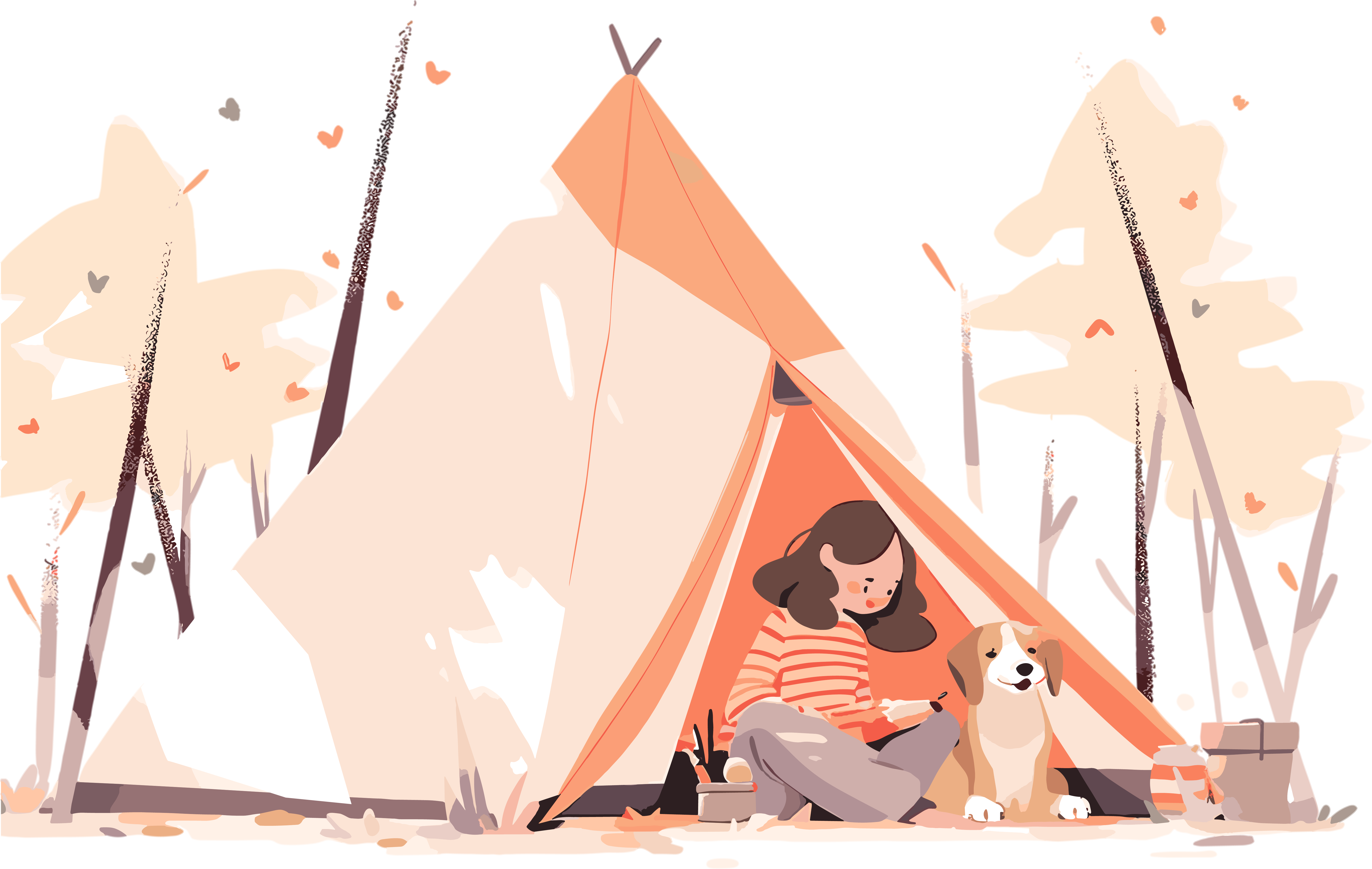 A colorful illustration of a girl and a dog camping