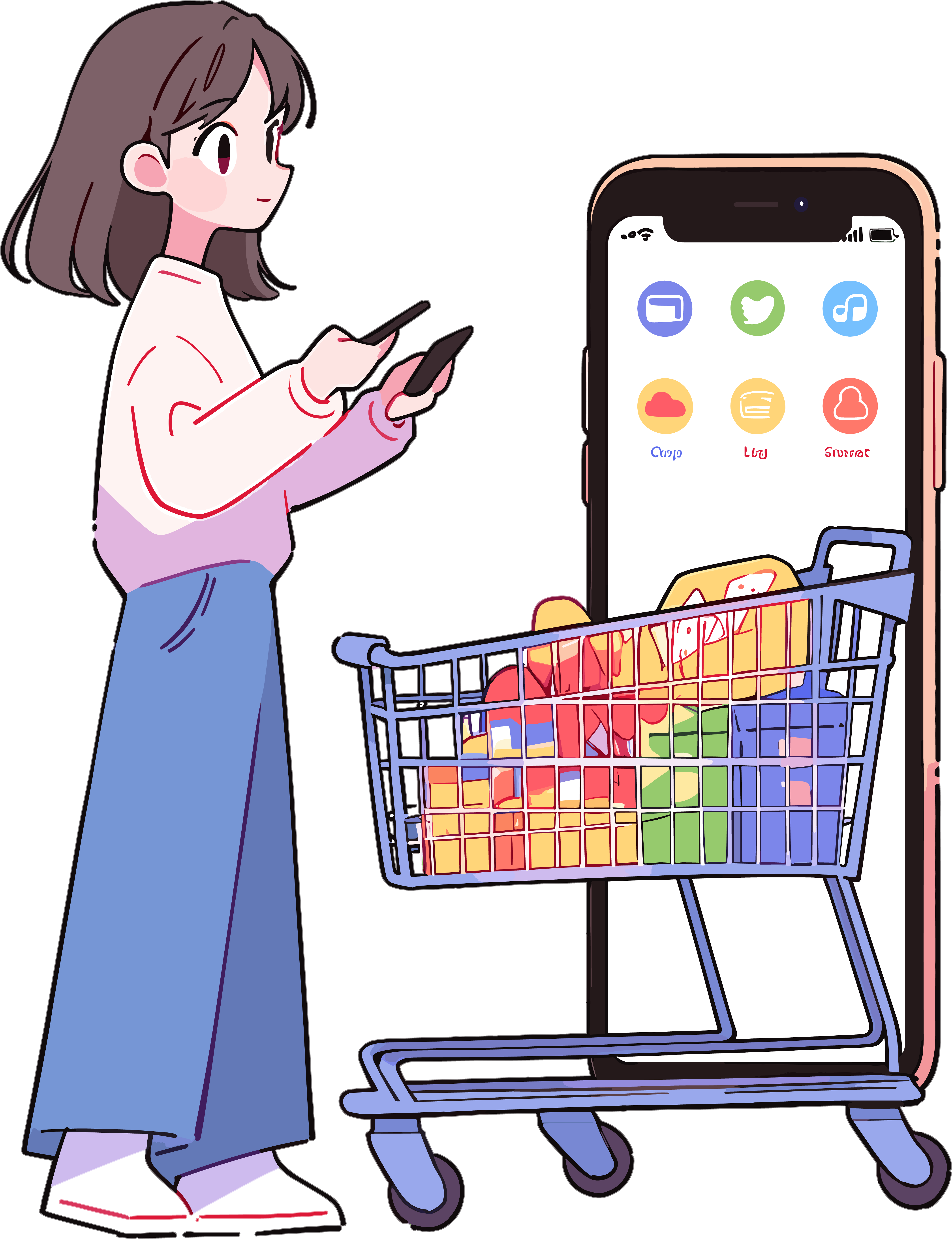 Mobile shopping girl minimalist fashion illustration