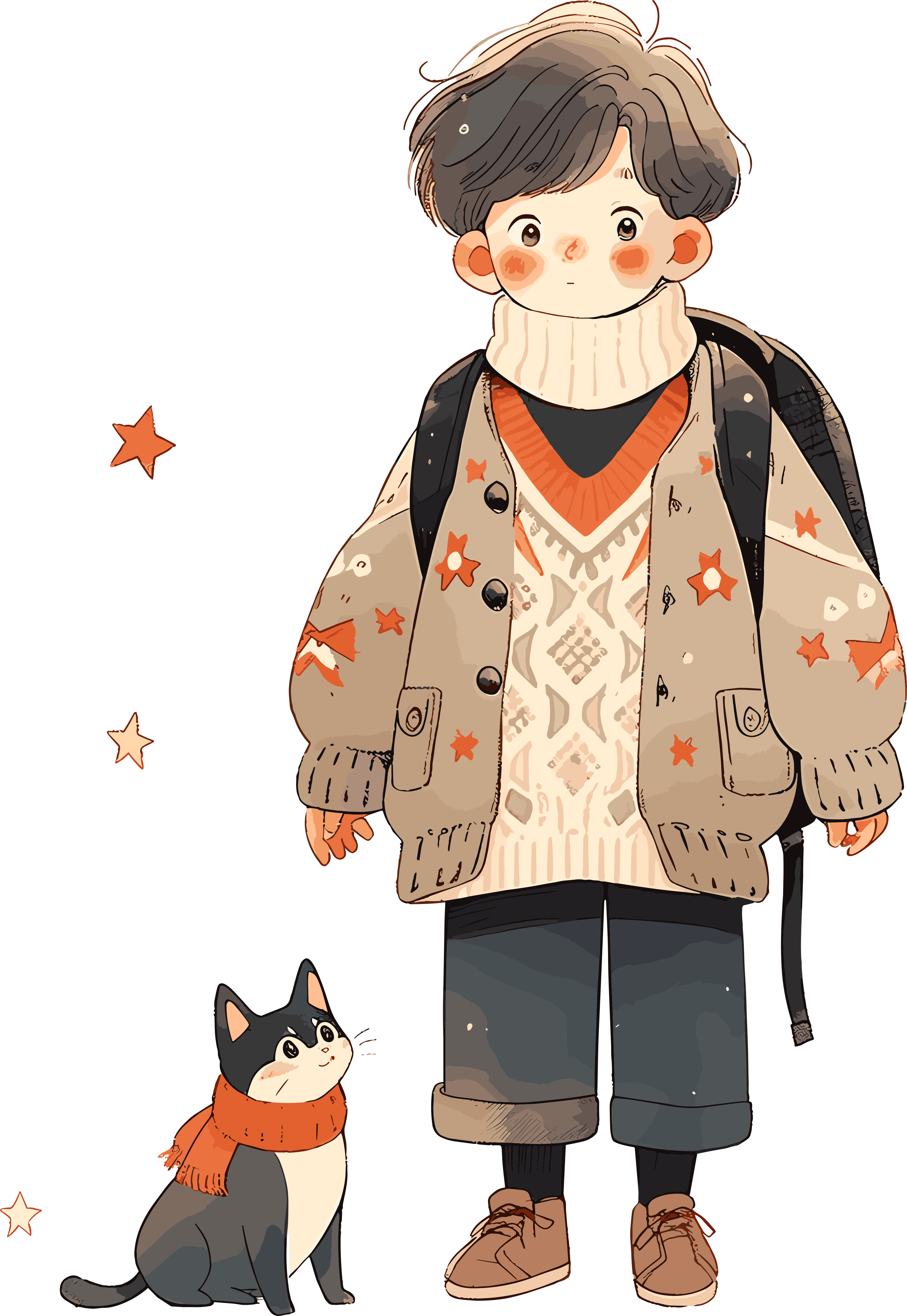 Beautiful illustration design materials of boys and cats