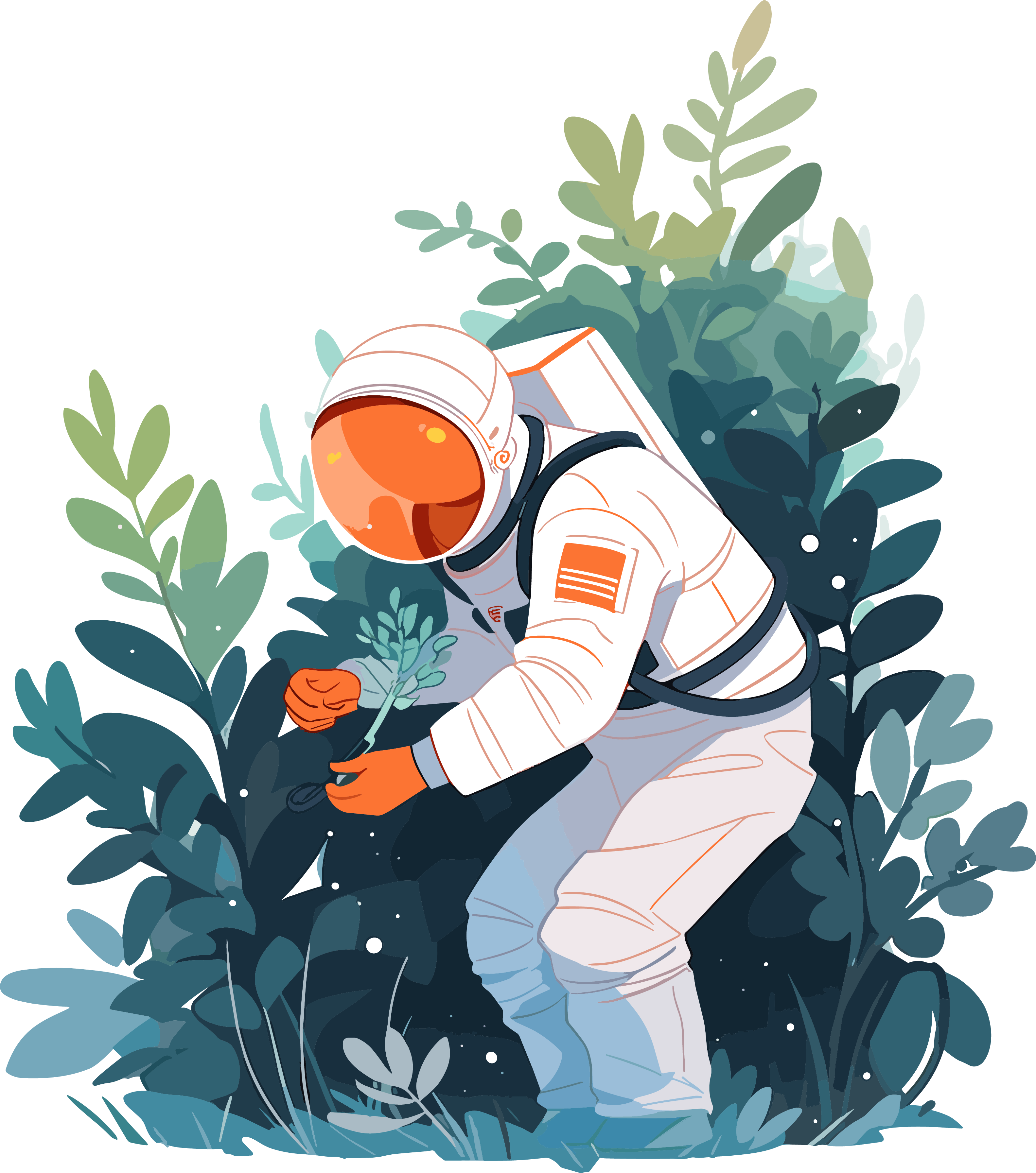 Astronauts and plants bright and fresh 2D graphic illustration