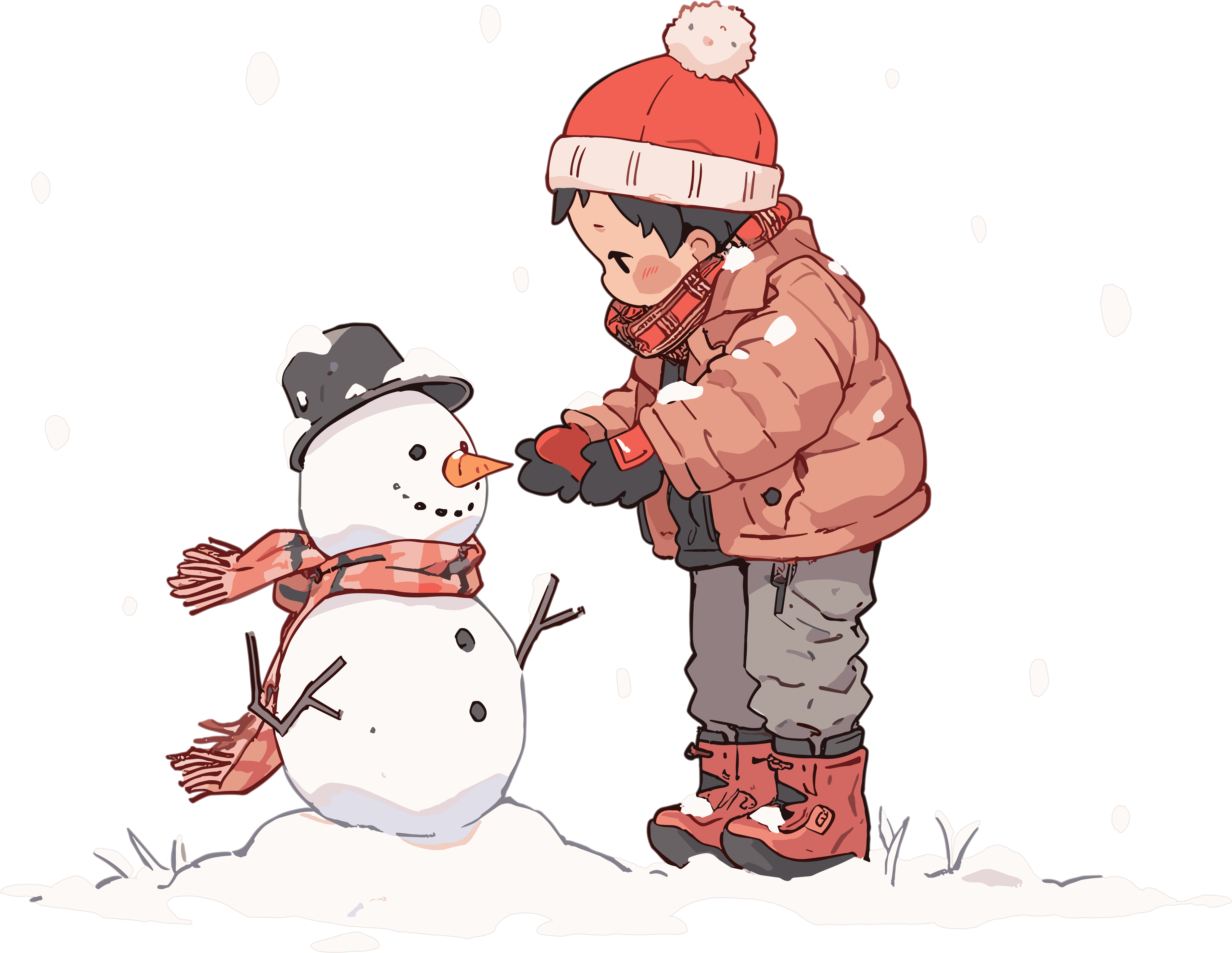 Illustration of a little boy making a snowman