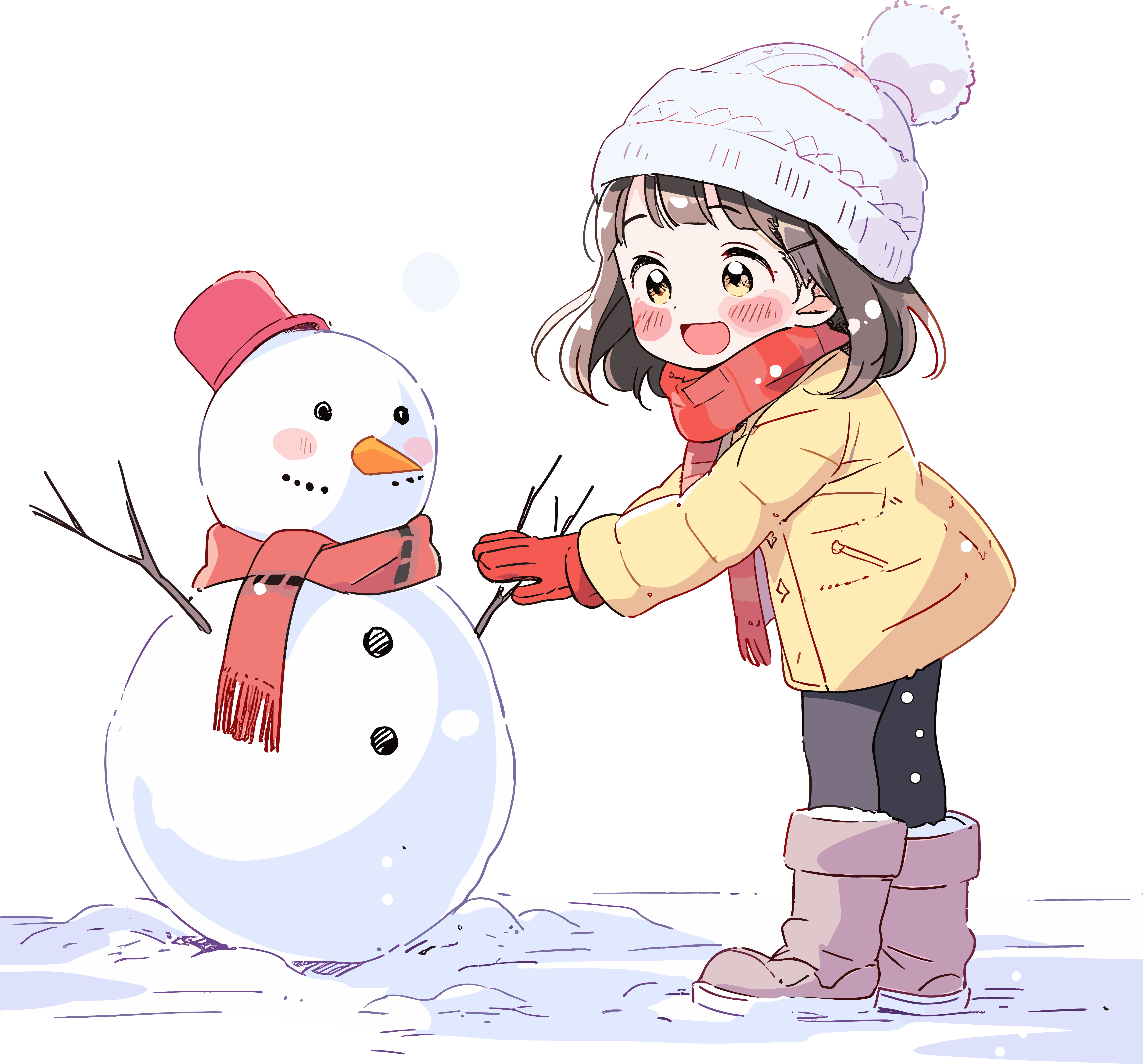 Little girl making a snowman high-definition PNG material