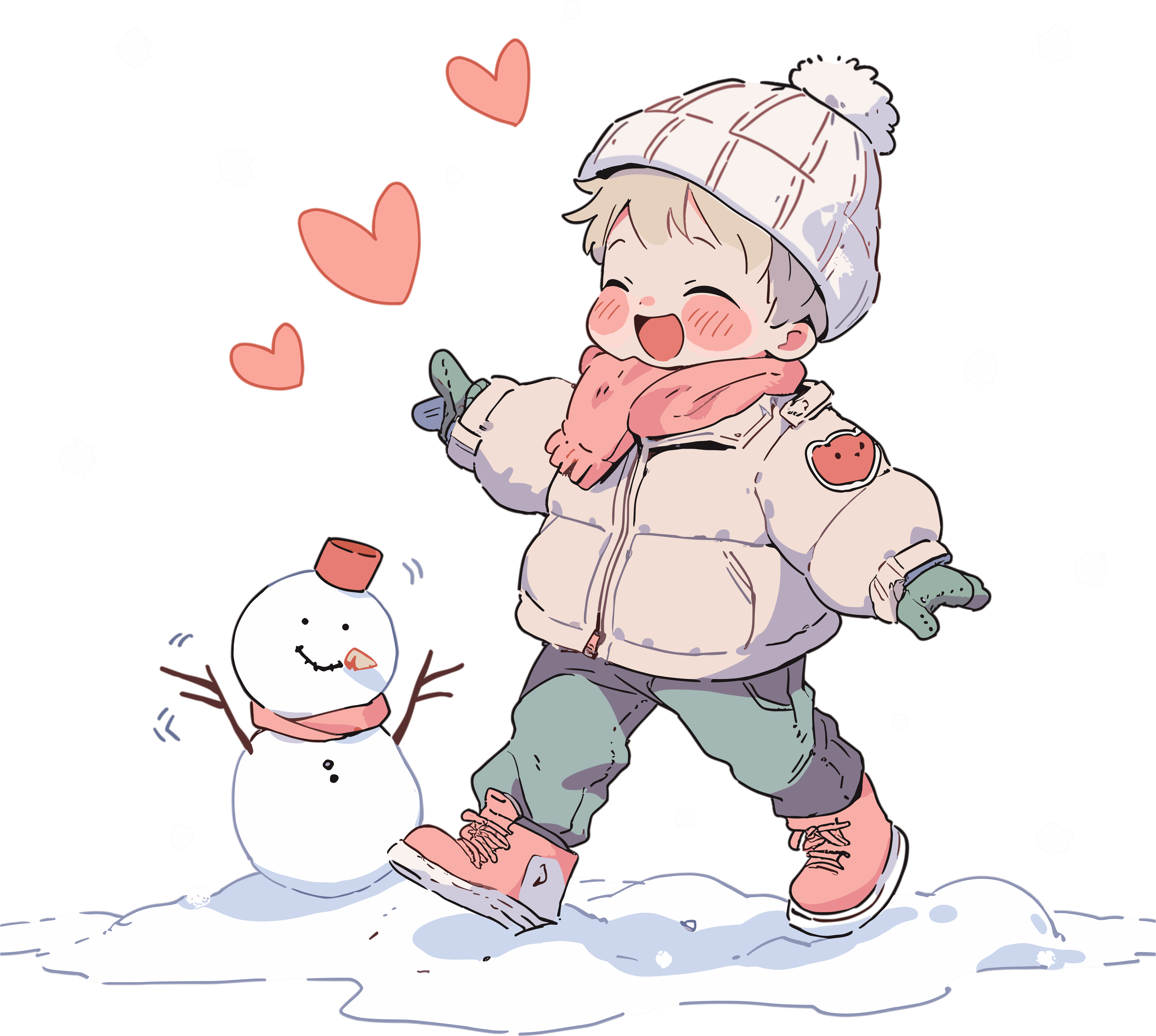 A cheerful illustration of a boy building a snowman