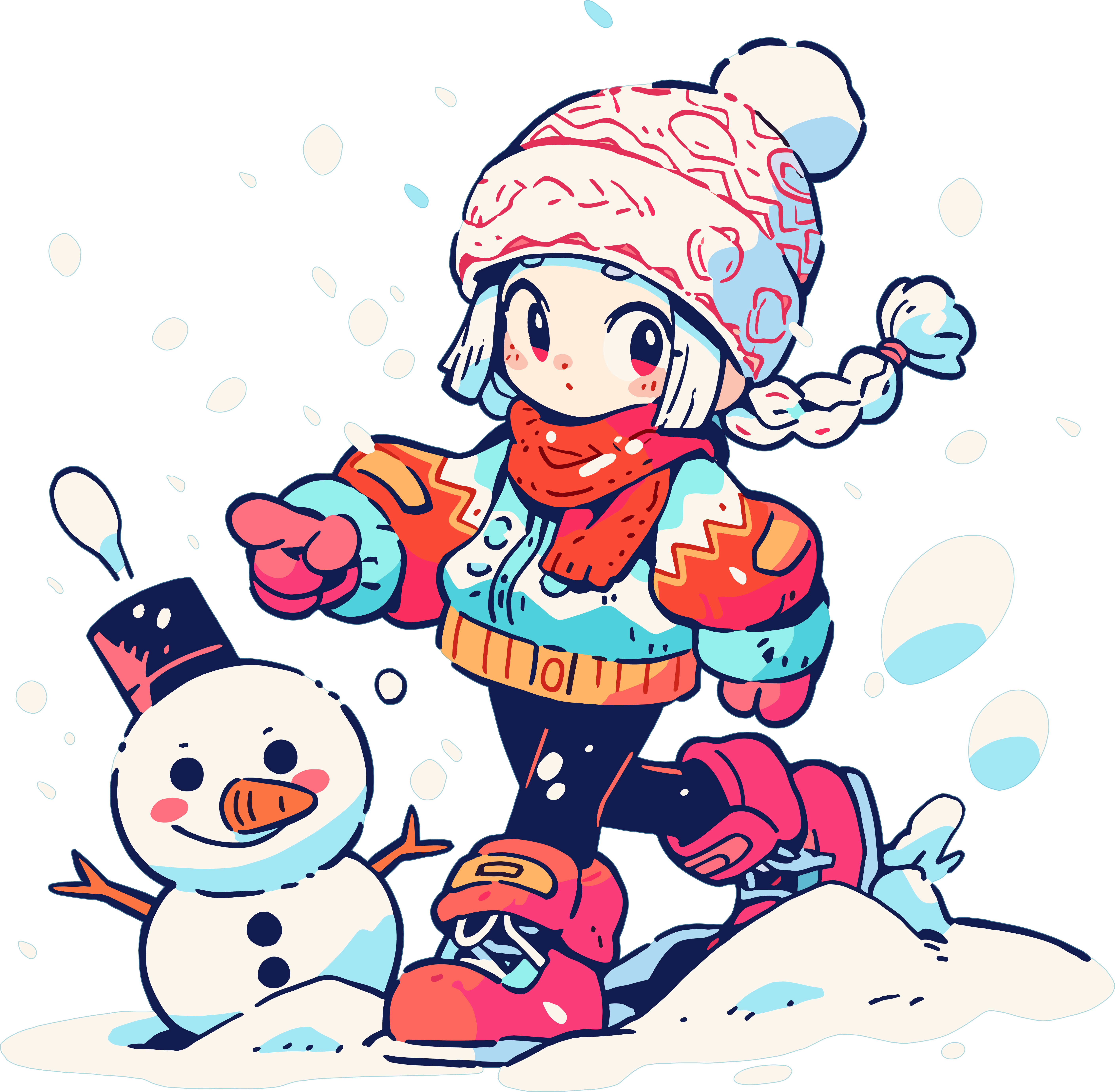 A cheerful snowy day scene featuring a little girl building a snowman